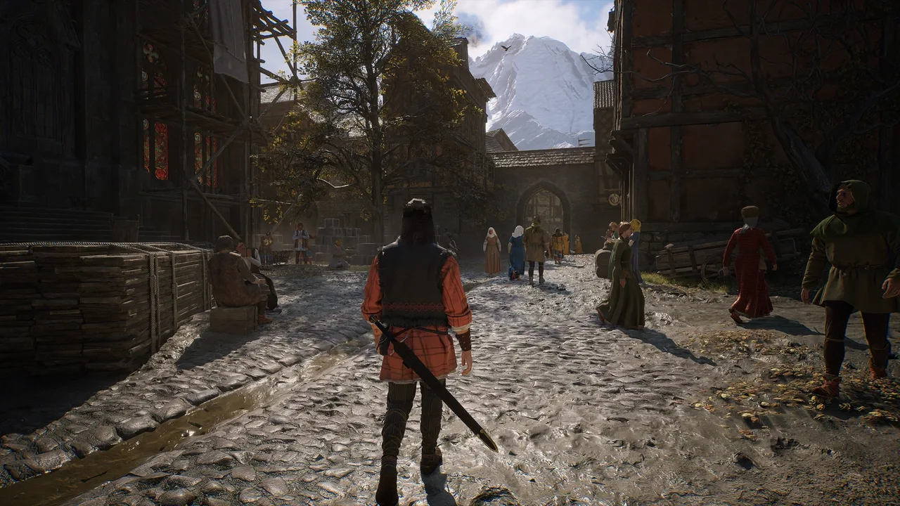 Coen walks through a busy medieval town with mountains in the background in The Blood of Dawnwalker.