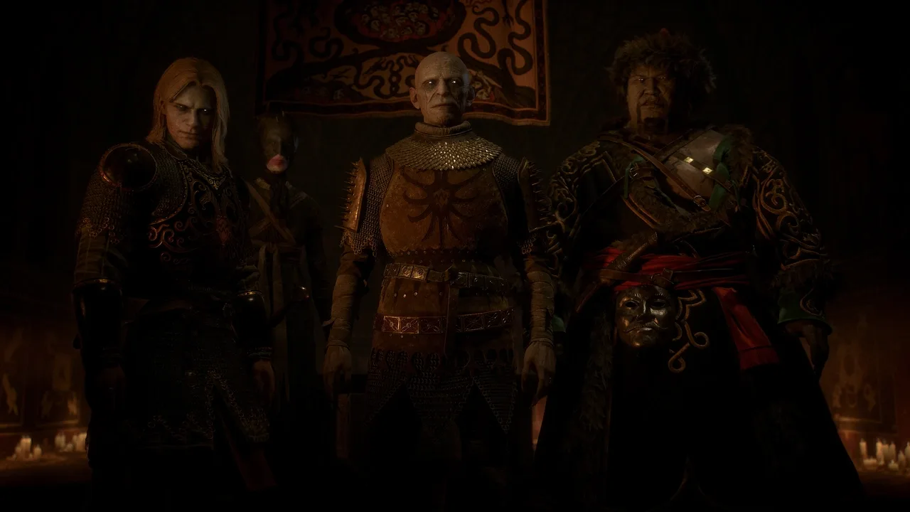 Three armoured figures stand beneath a banner in a dark, candlelit hall in The Blood of Dawnwalker.