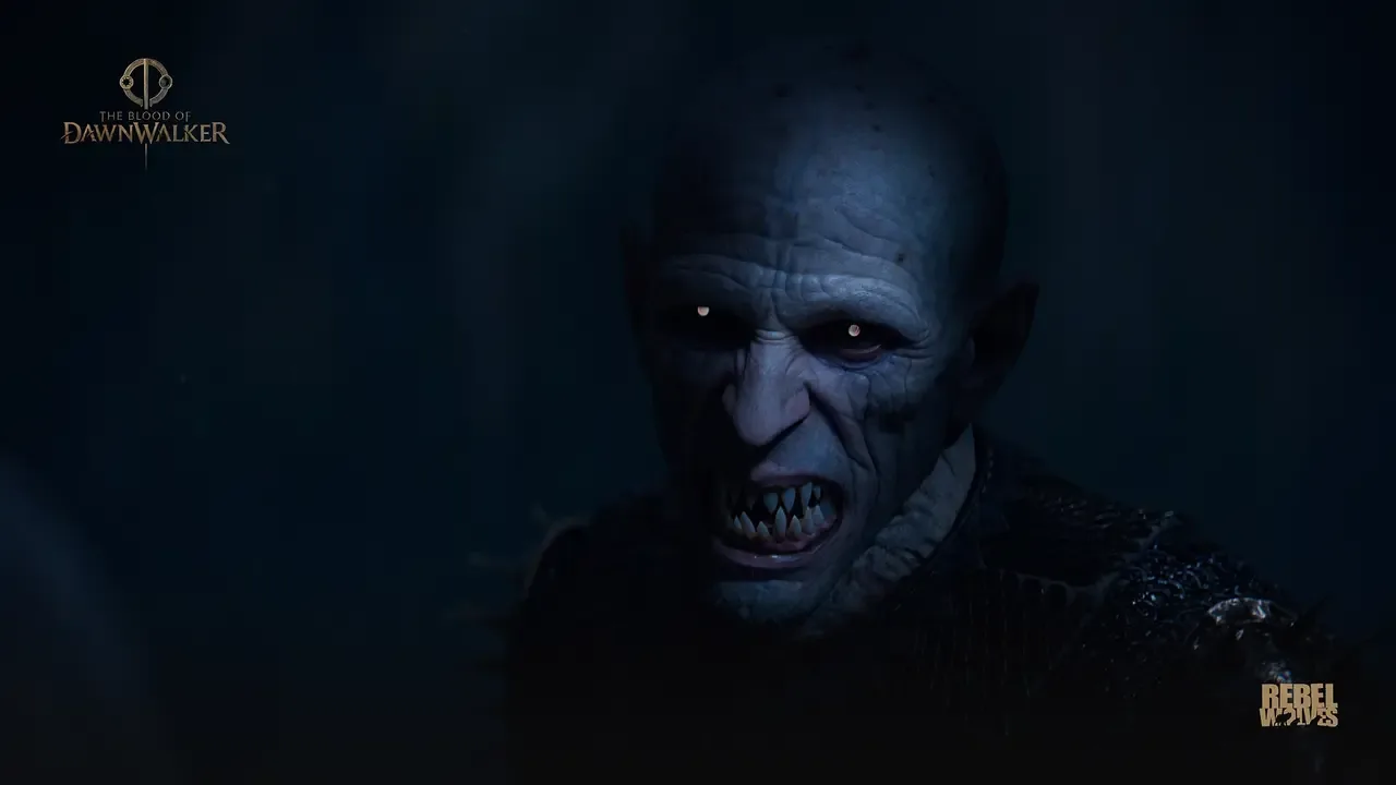 A pale vampire bares its sharp teeth in the darkness in The Blood of Dawnwalker.