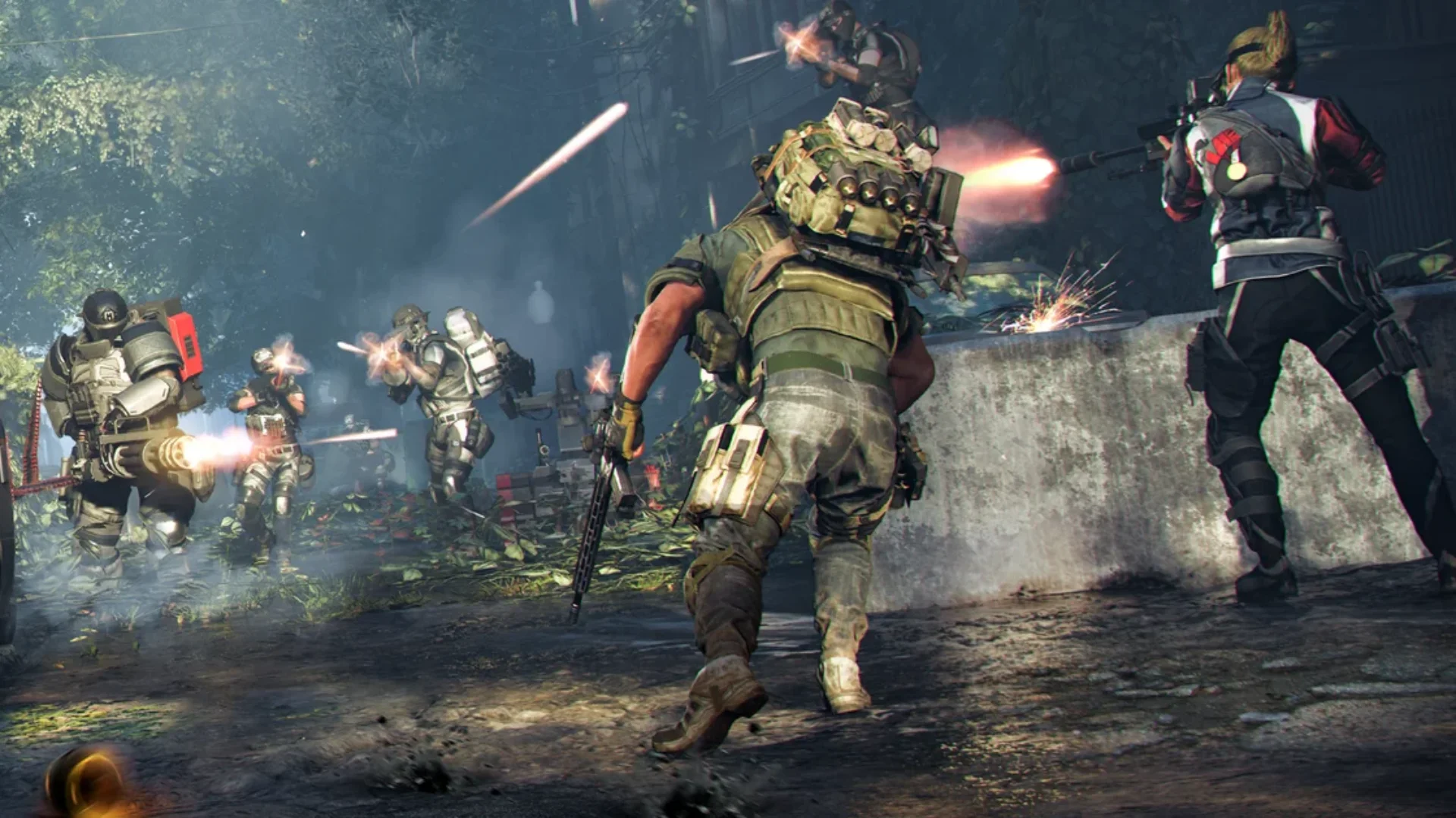 Armed agents exchange gunfire with enemies behind concrete cover in an overgrown area of The Division 2.