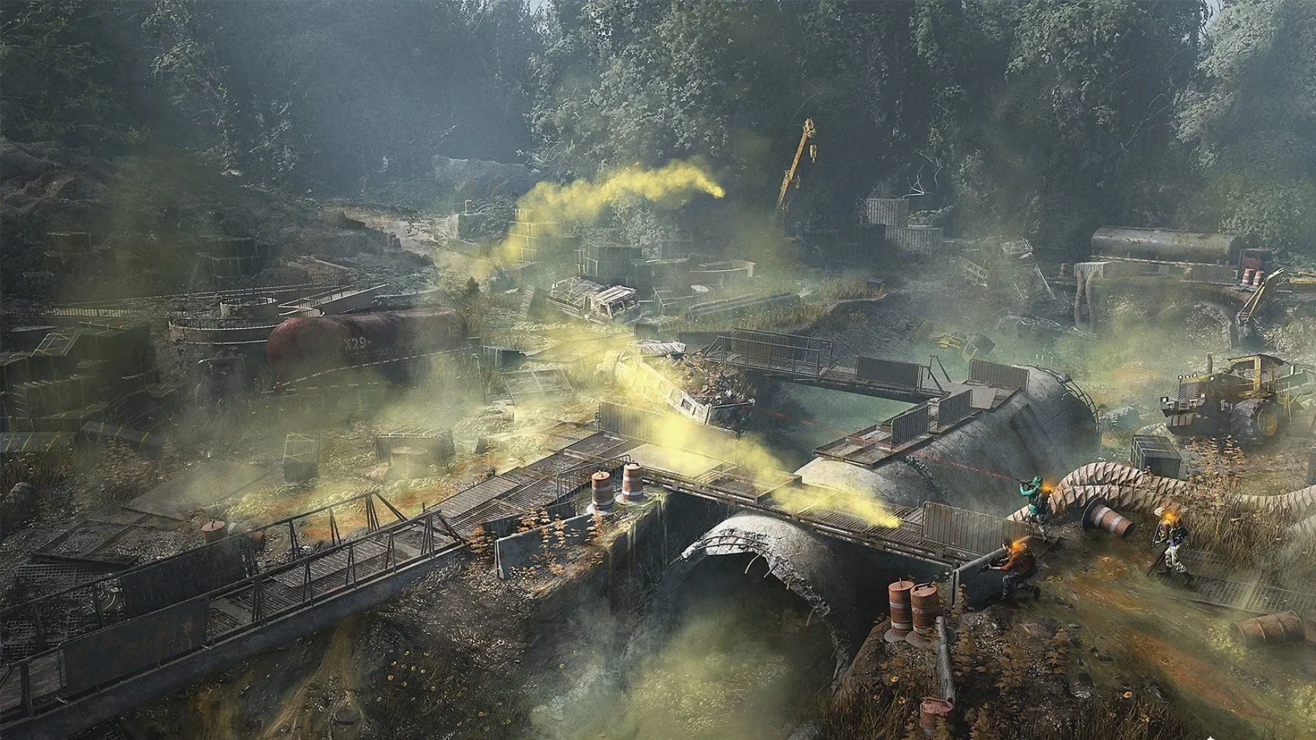 Yellow gas spreads through an overgrown industrial area with tanks and walkways in The Division 2.