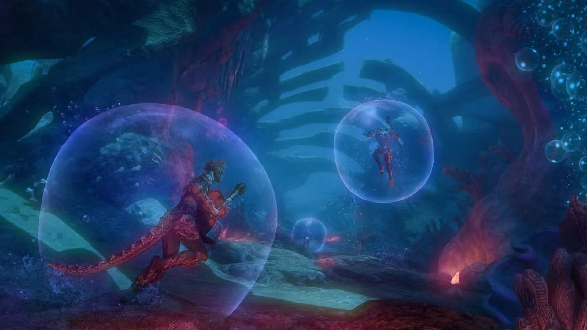 A player character crosses the ocean floor inside a bubble while another floats nearby in The Elder Scrolls Online.