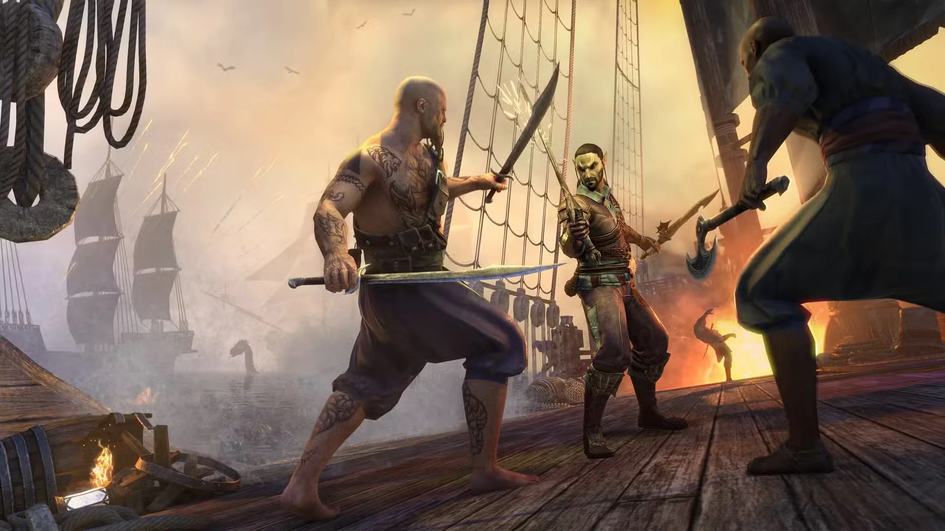 Three armed fighters clash on a wooden ship deck with flames burning behind them in The Elder Scrolls Online.
