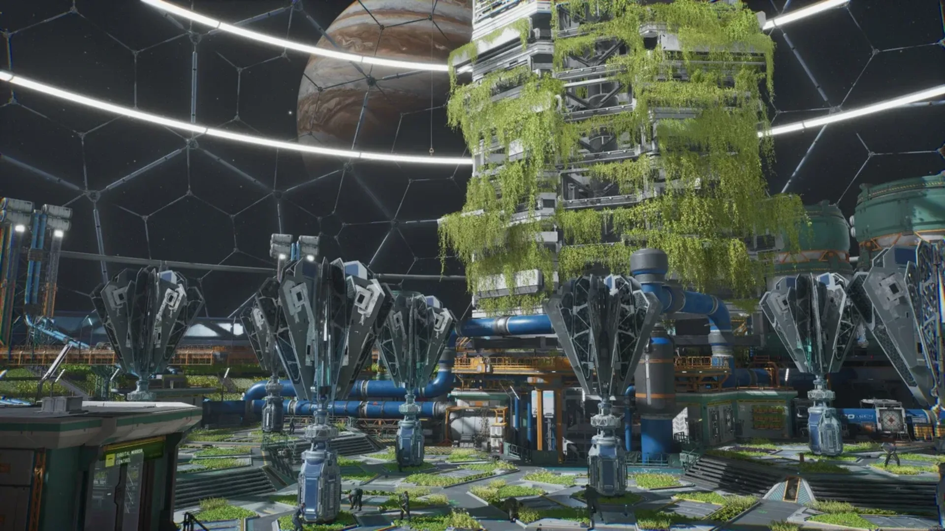 Futuristic Osiris Reborn facility with machinery, greenery and Jupiter visible beyond the habitat