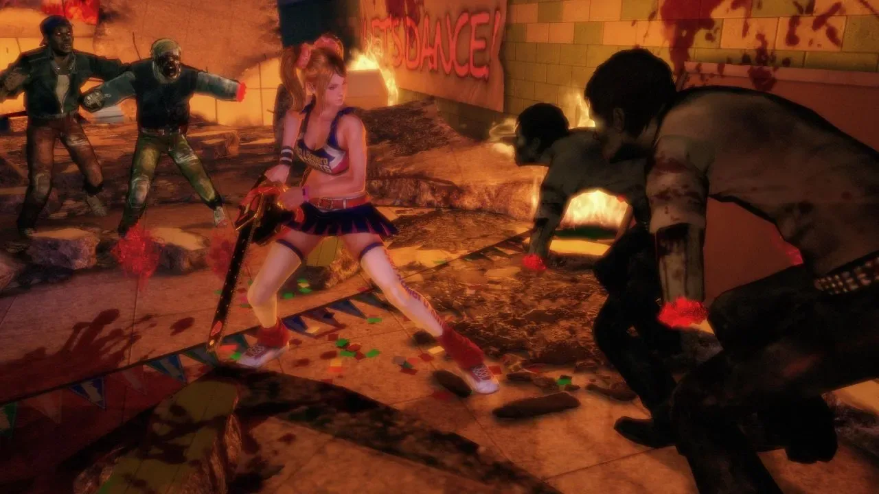 Lollipop Chainsaw gameplay screenshot showing Juliet Starling fighting zombies with a chainsaw in a burning environment.