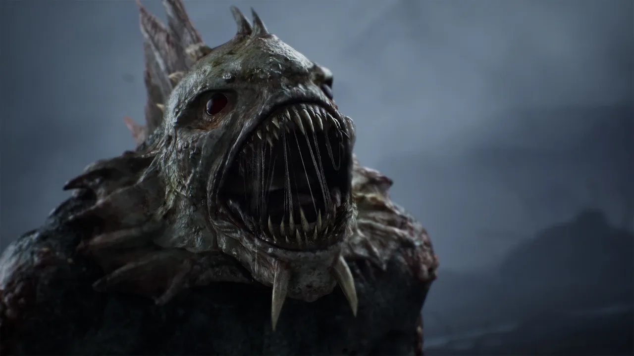A terrifying fish-like monster with sharp teeth in The Sinking City 2.