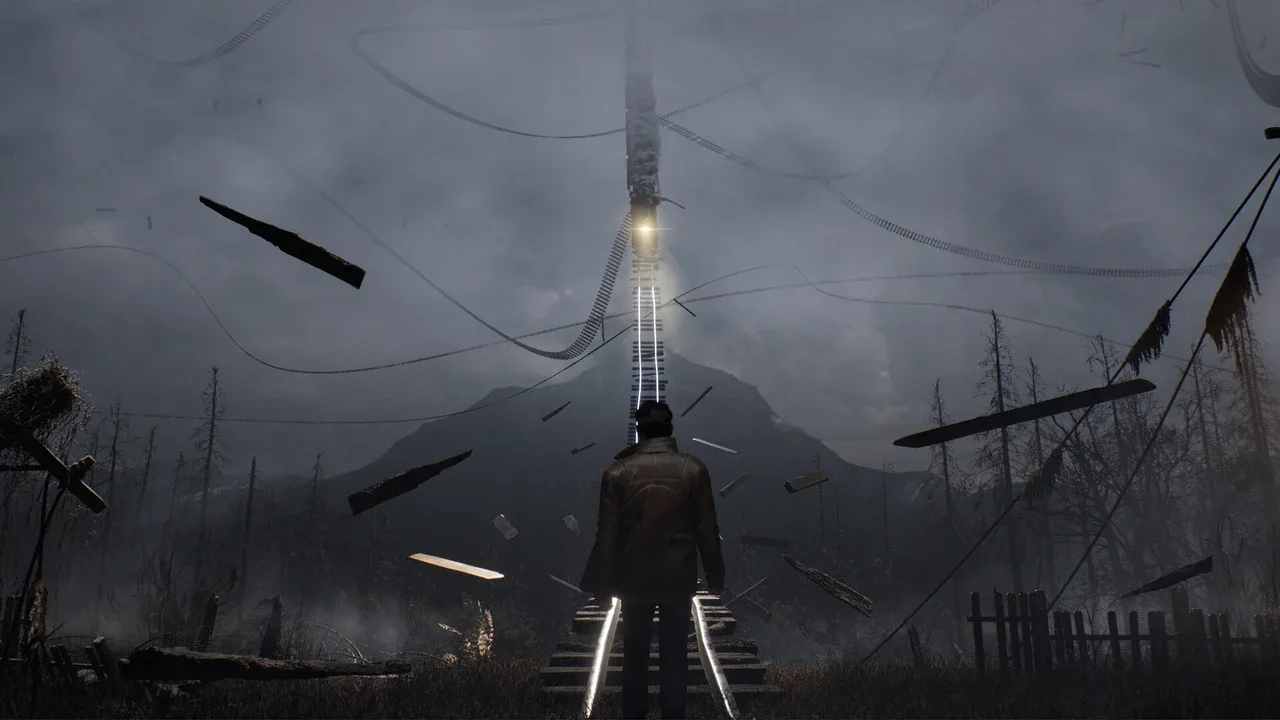 The Sinking City 2 protagonist walking toward a distorted staircase surrounded by floating debris.