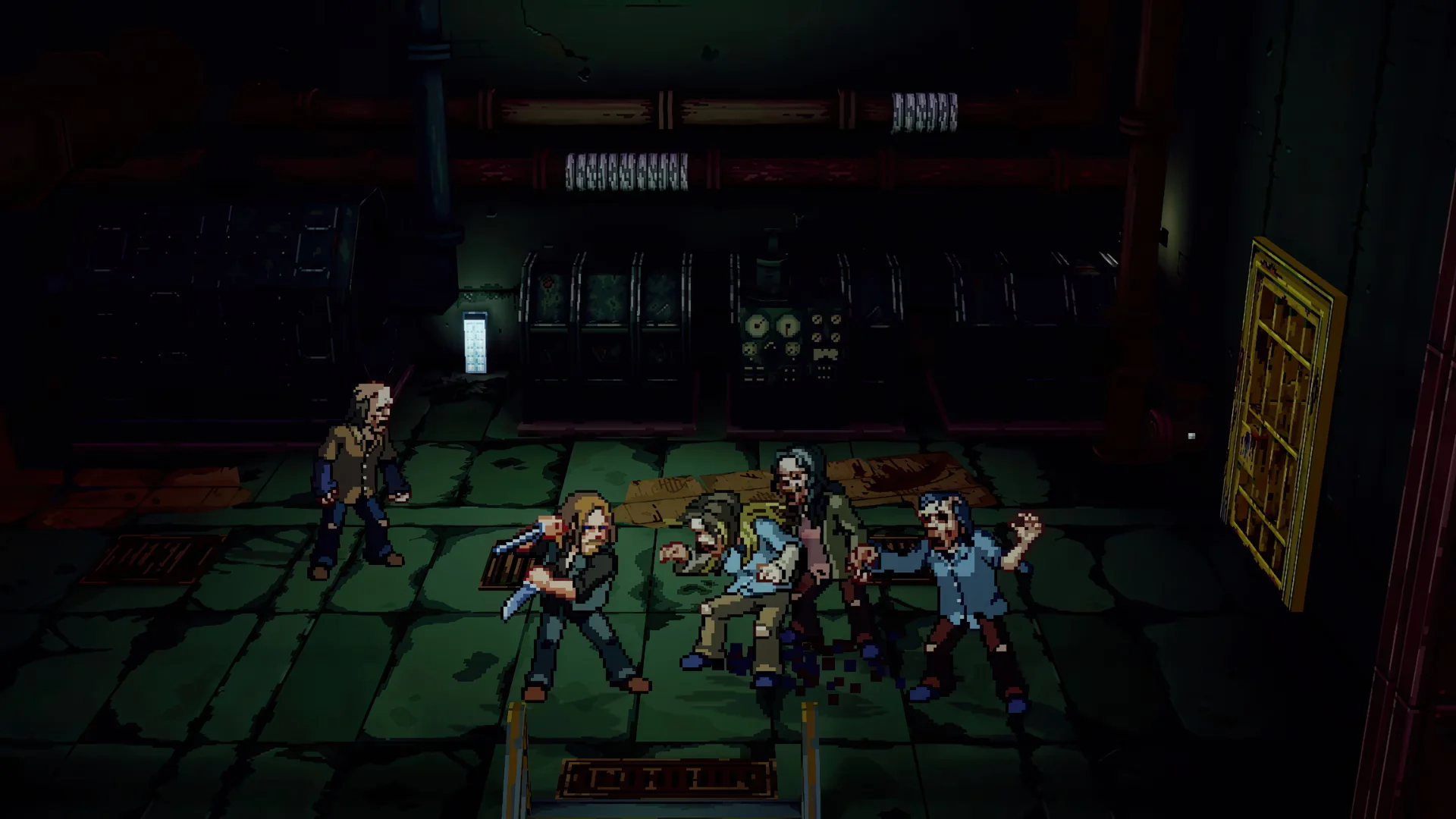 Michonne fights an armed enemy with her katana inside a blood-covered area in Streets of Survival.