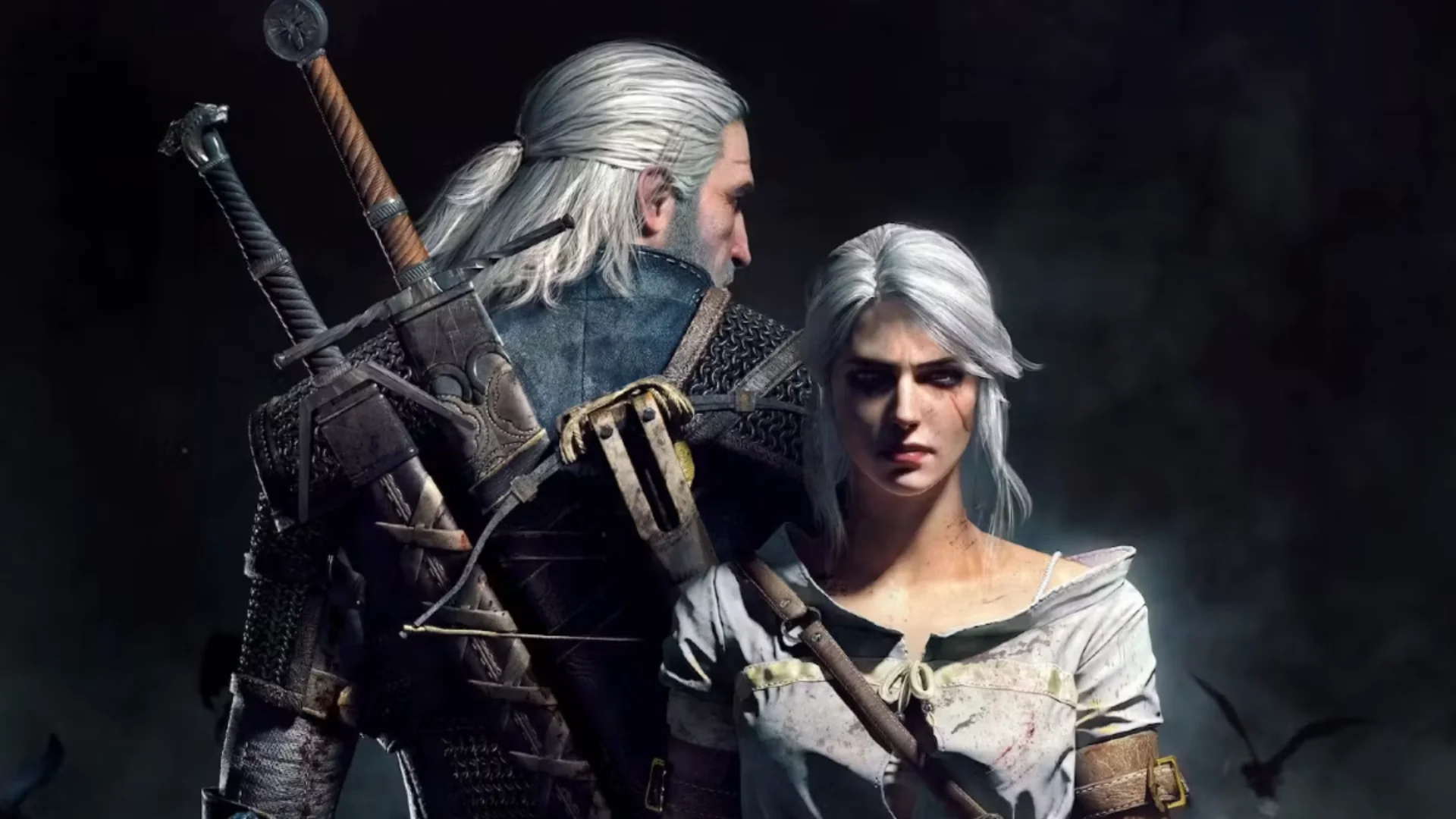 Geralt and Ciri stand together with swords and battle-worn clothing in The Witcher 3 artwork.