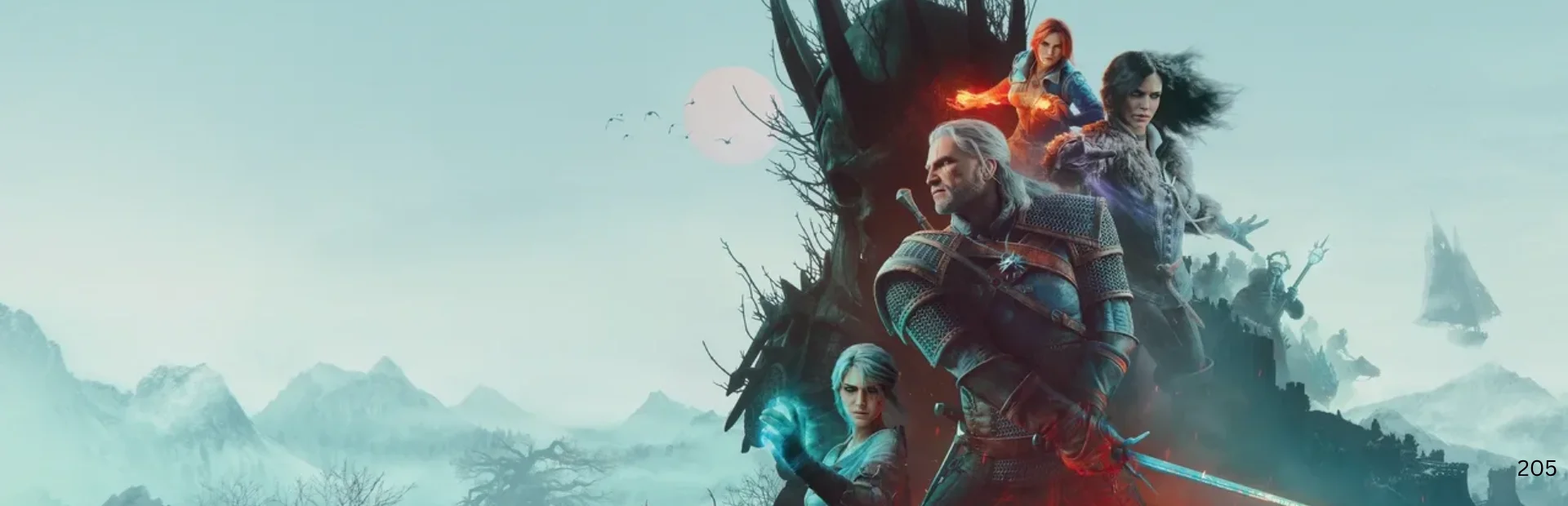Geralt, Ciri, Triss, and Yennefer appear together against a wintry landscape in The Witcher 3 artwork.