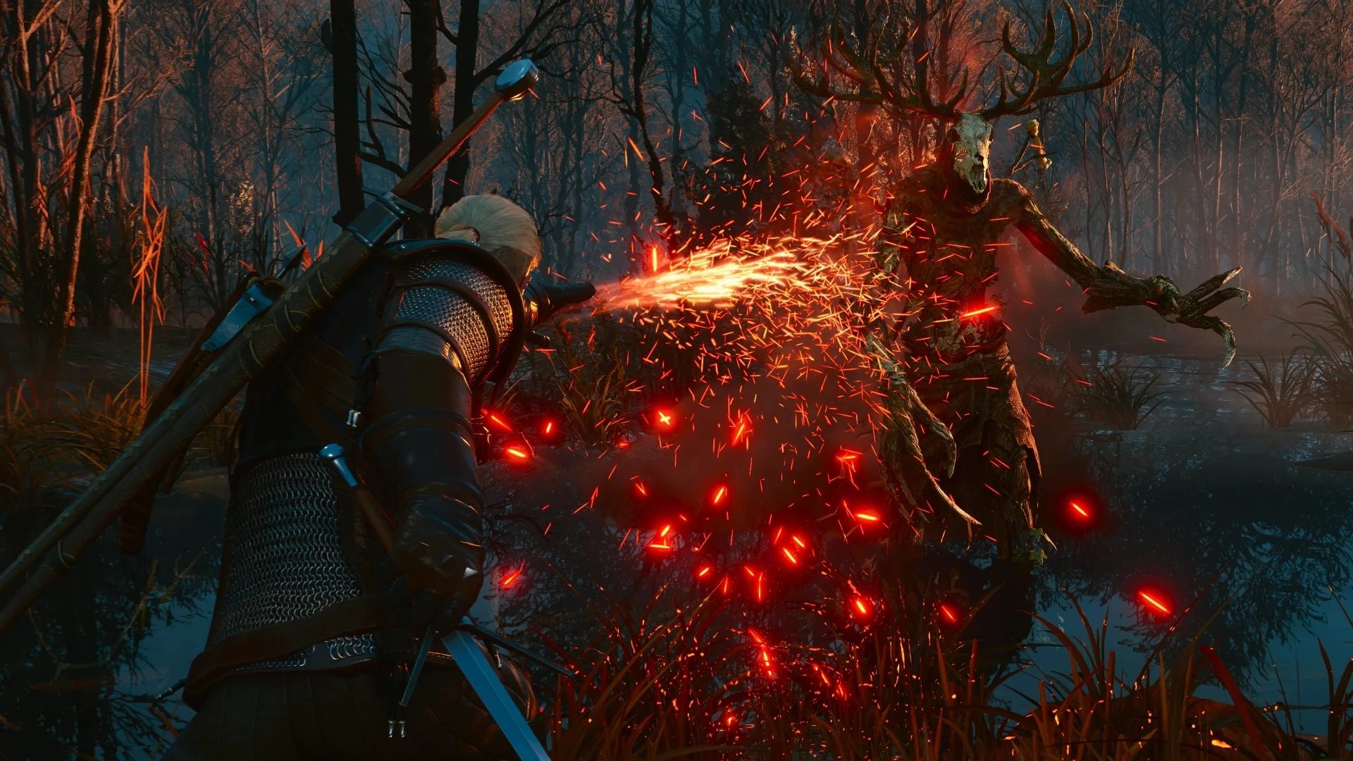 Geralt attacks a towering antlered monster as red sparks burst across a dark forest in The Witcher 3 Remastered.
