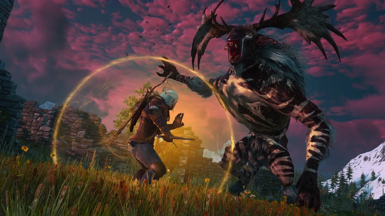 Geralt casts a golden protective shield as a towering antlered monster attacks beside ruined stone walls in The Witcher 3.