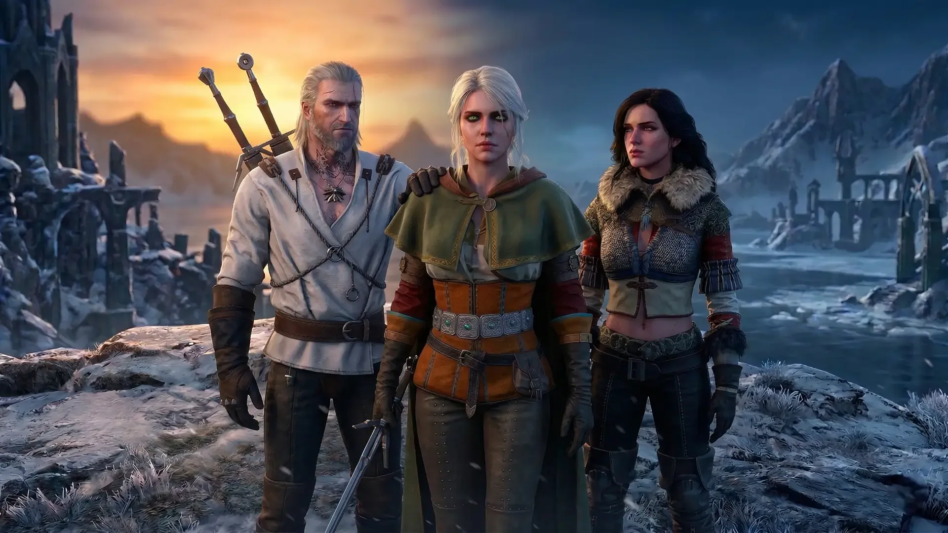 Geralt stands beside Ciri and Yennefer in a snowy landscape surrounded by ruined structures.