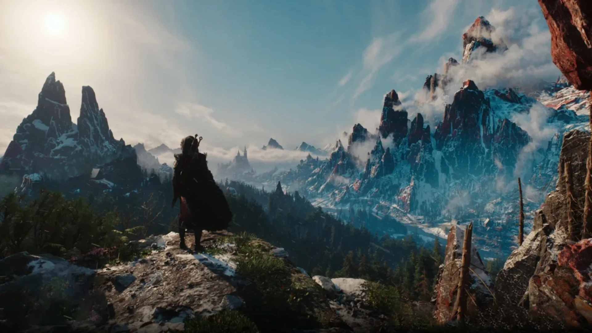 Ciri overlooks a vast mountain landscape with snowy peaks and forests in The Witcher 4.