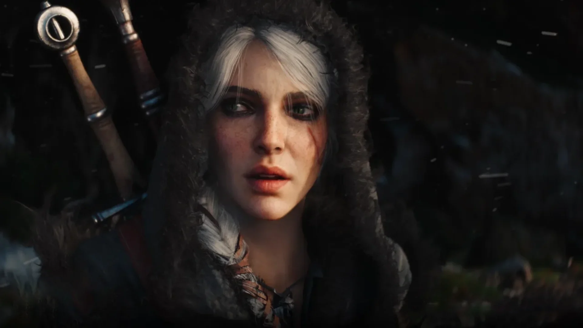 Ciri wears a dark fur-lined hood with two swords visible behind her in The Witcher 4.