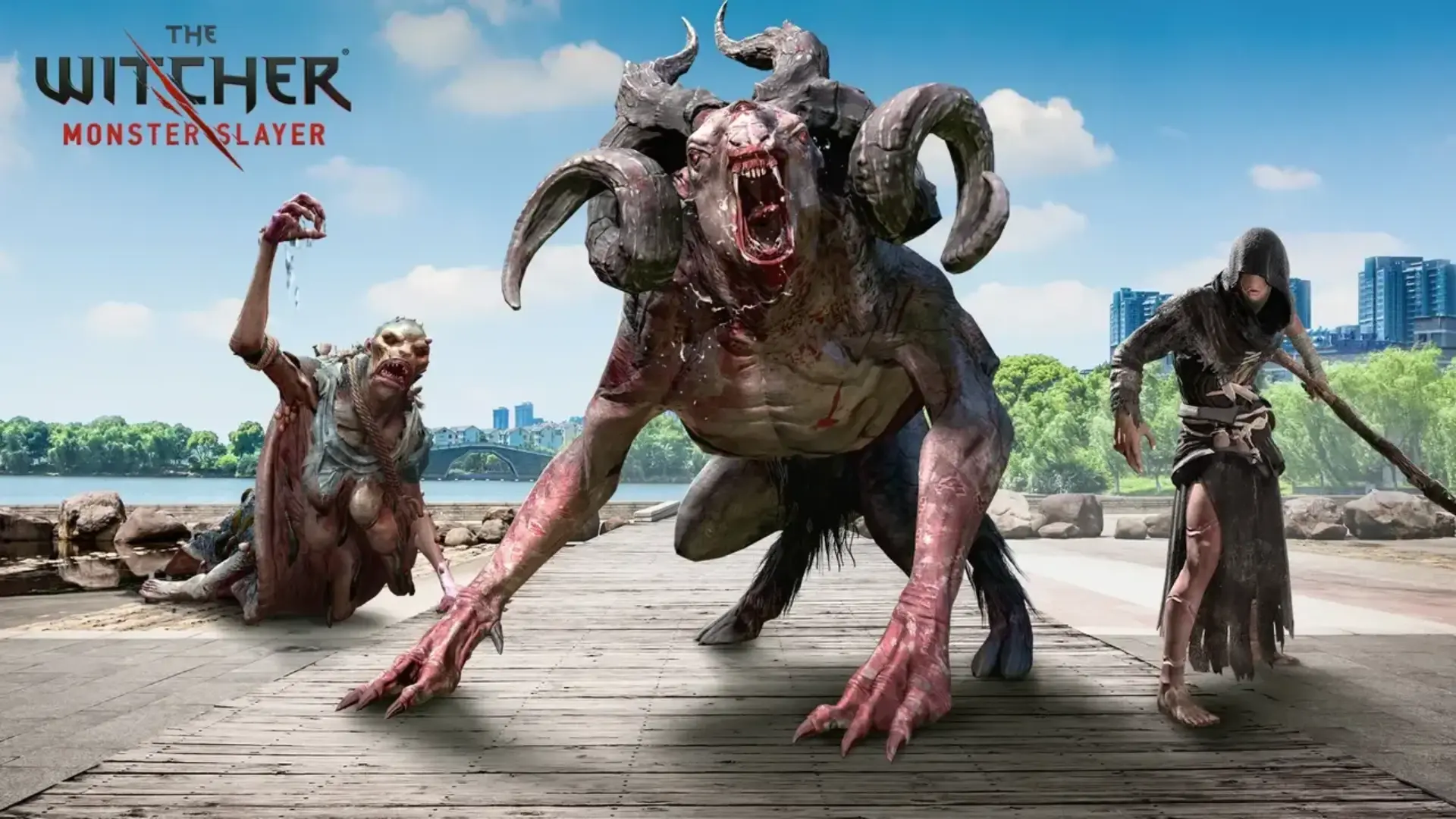 Witcher Monster Slayer artwork with three monsters approaching on a waterfront