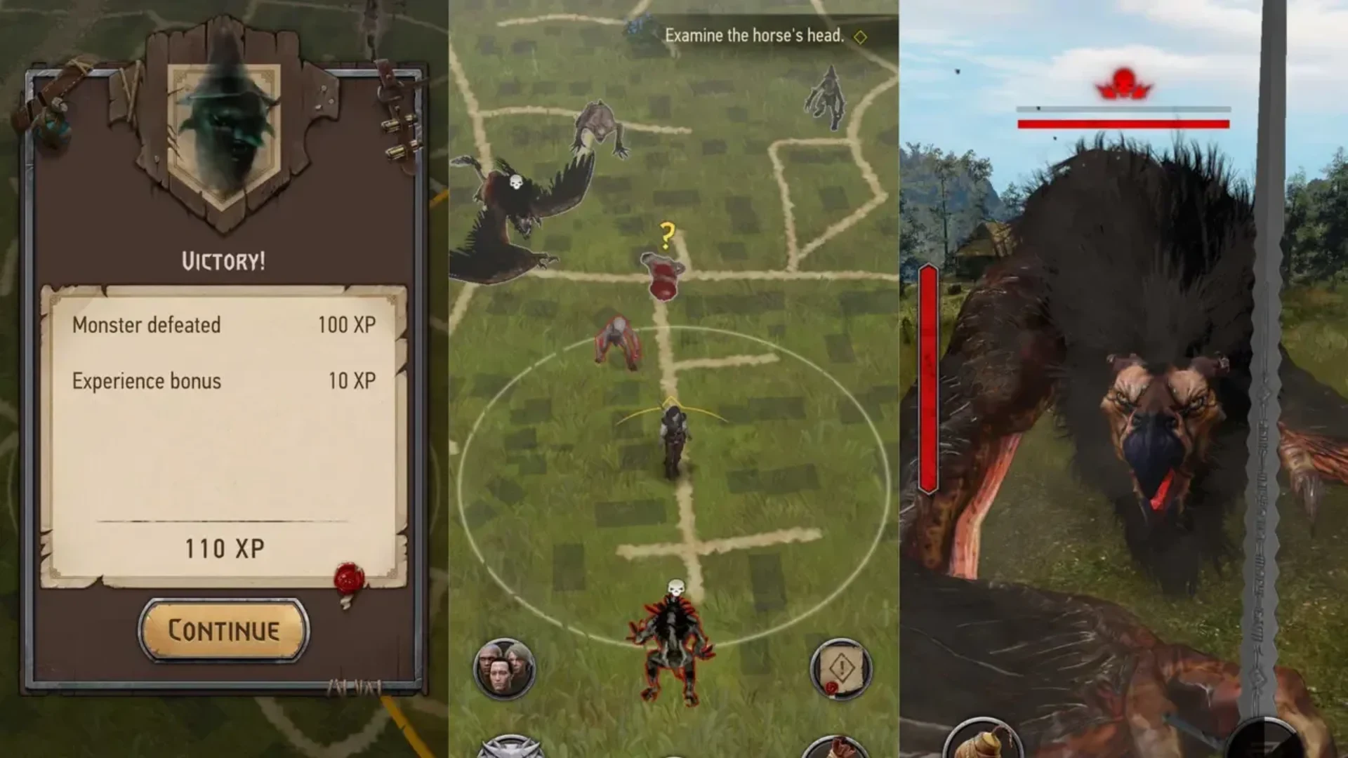 Witcher Monster Slayer mobile gameplay showing map exploration and monster combat
