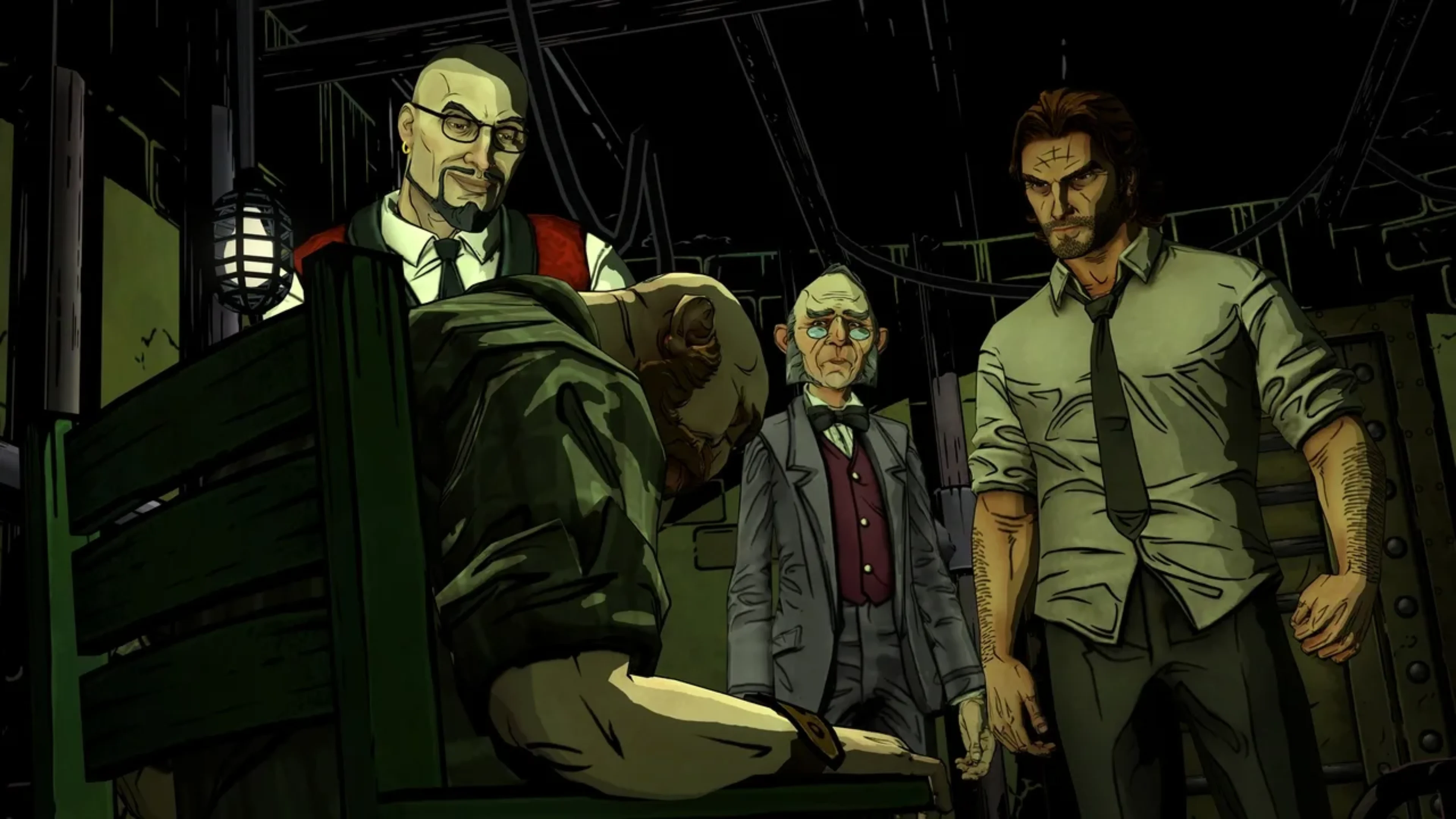 Bigby Wolf stands beside two other characters while questioning a seated figure inside a dimly lit room in The Wolf Among Us.