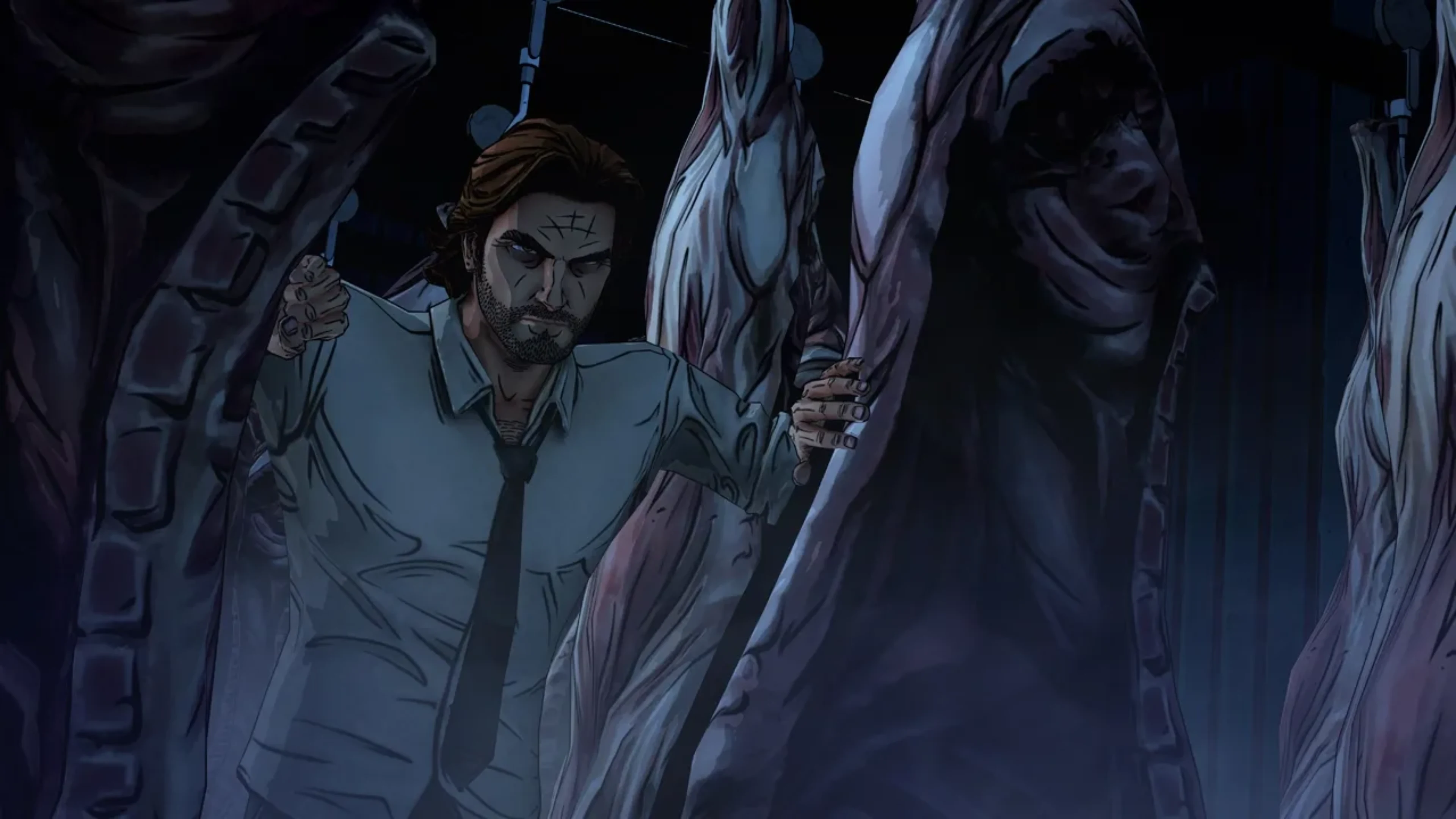 Bigby Wolf, wearing a white shirt and loosened black tie, examines a dark room filled with hanging objects in The Wolf Among U