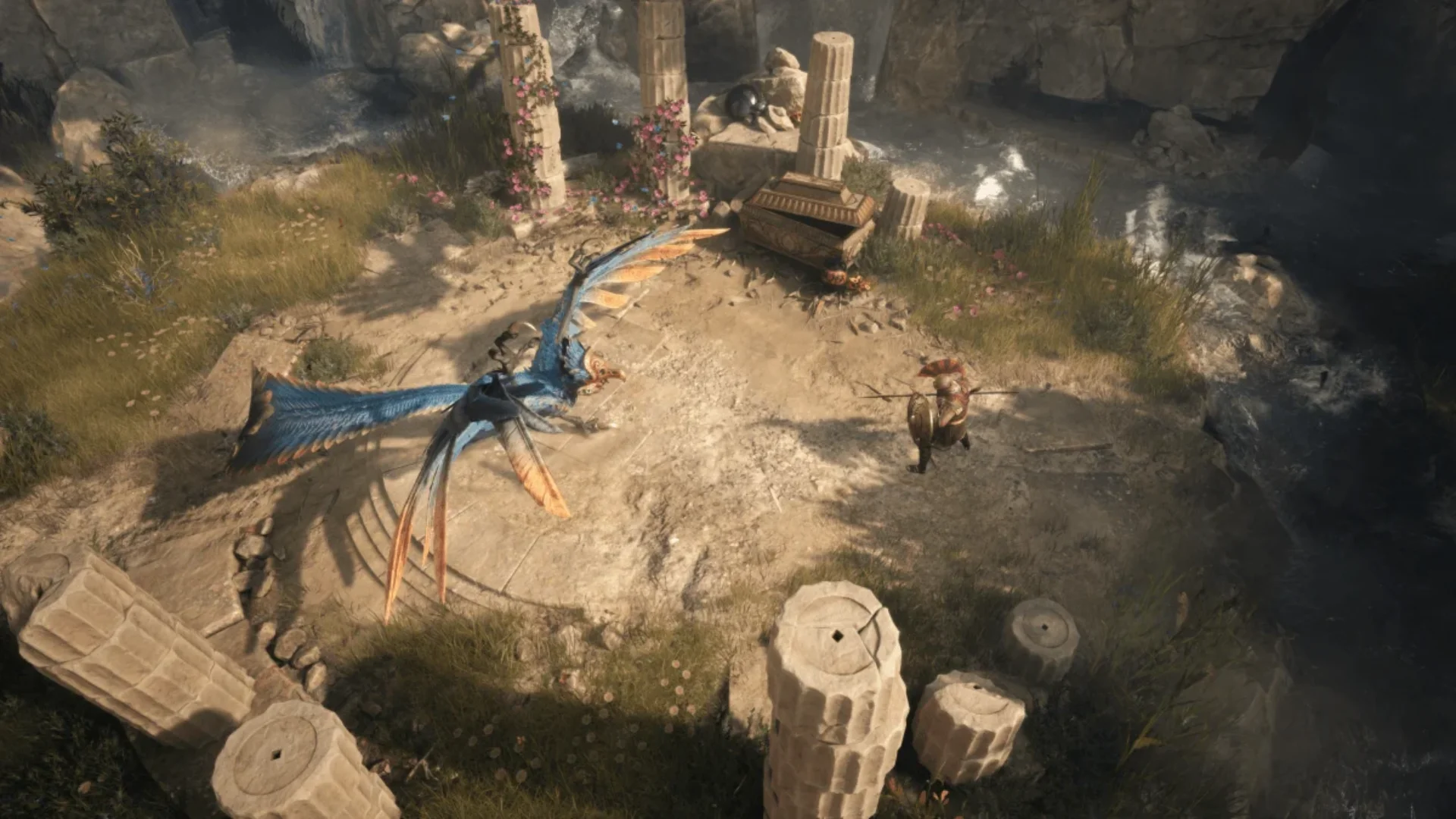 Titan Quest II warrior faces a large blue and orange winged creature among ruined stone columns.