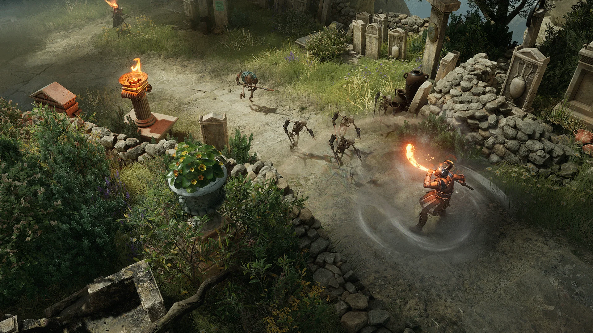 Titan Quest II warrior swings a flaming weapon at skeletal enemies among overgrown ancient ruins.