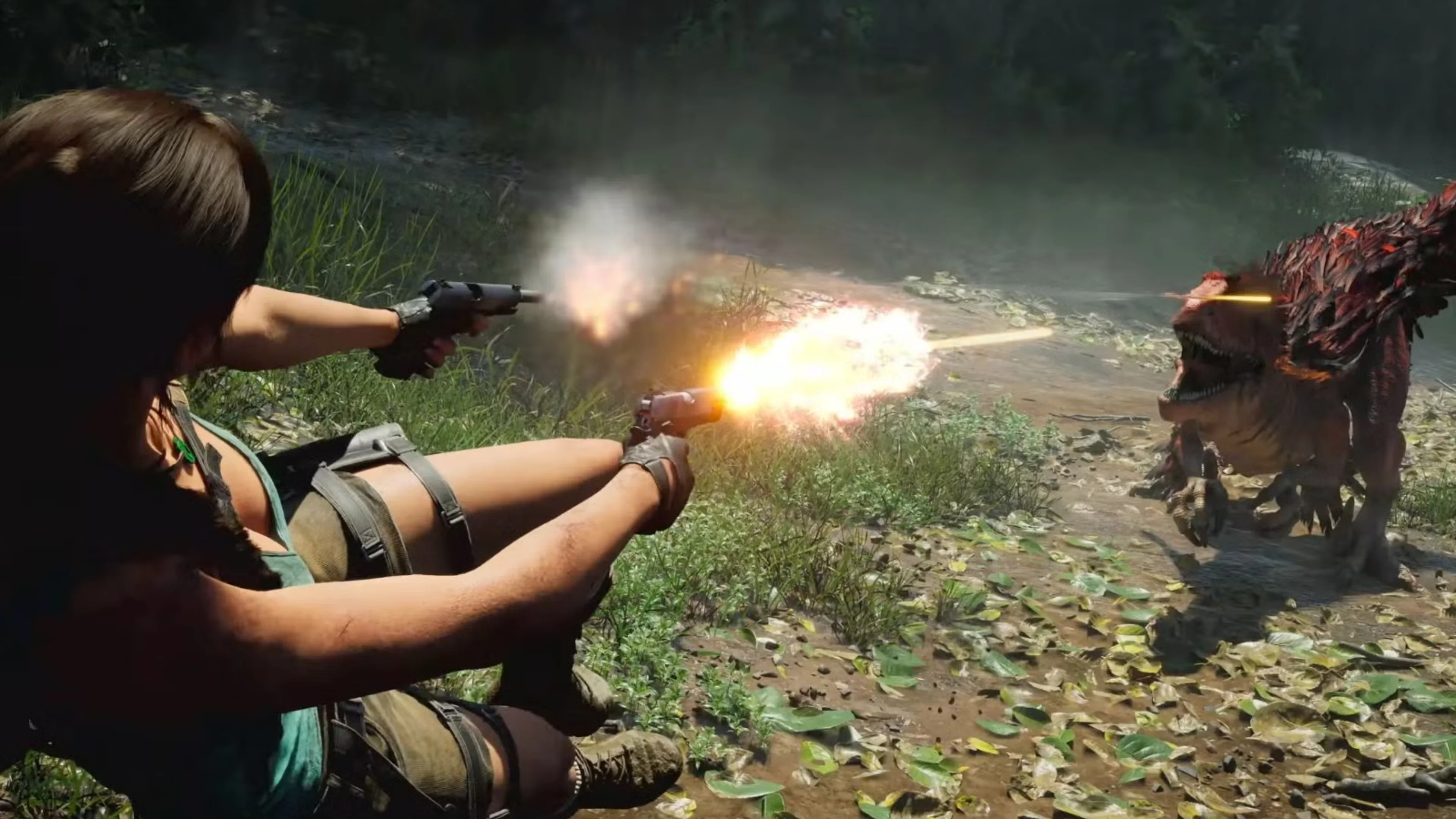 Lara Croft fires two pistols at a snarling dinosaur in a grassy environment in Tomb Raider: Legacy of Atlantis.