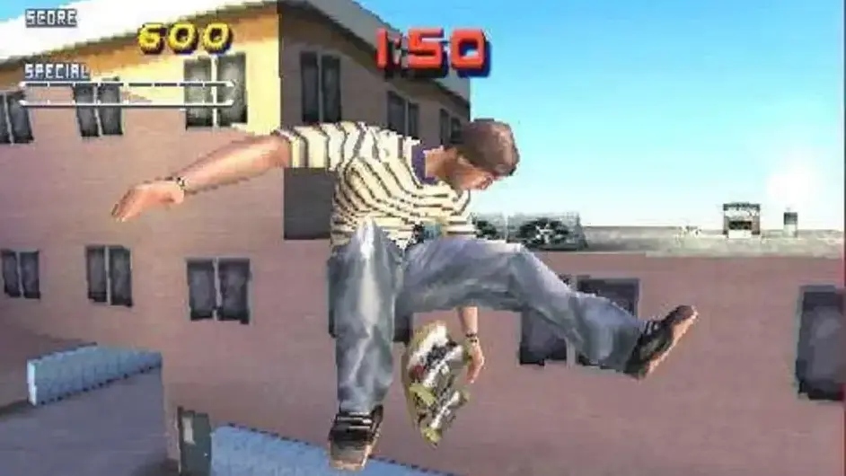 Skater grinding along a curved rail in Tony Hawk’s Pro Skater 2.