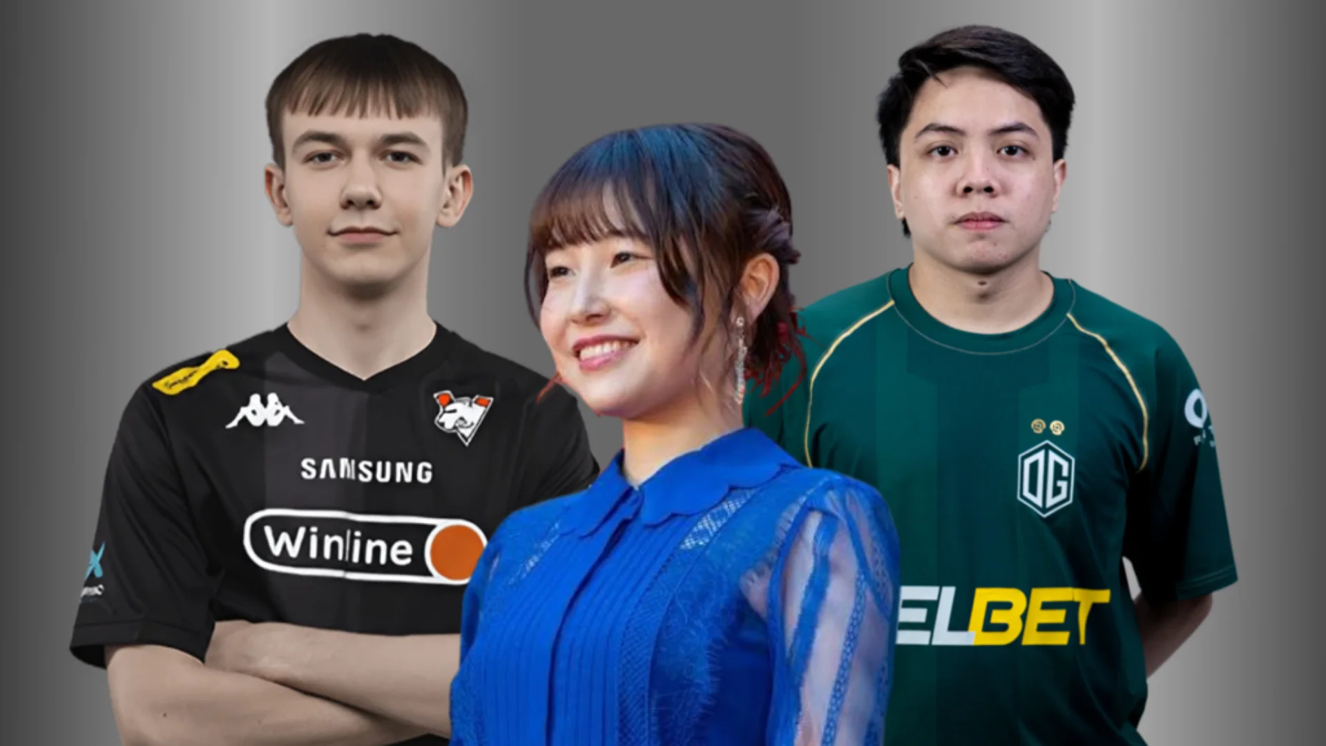 Three esports figures against a gray background, with two wearing team jerseys and one wearing a blue outfit.