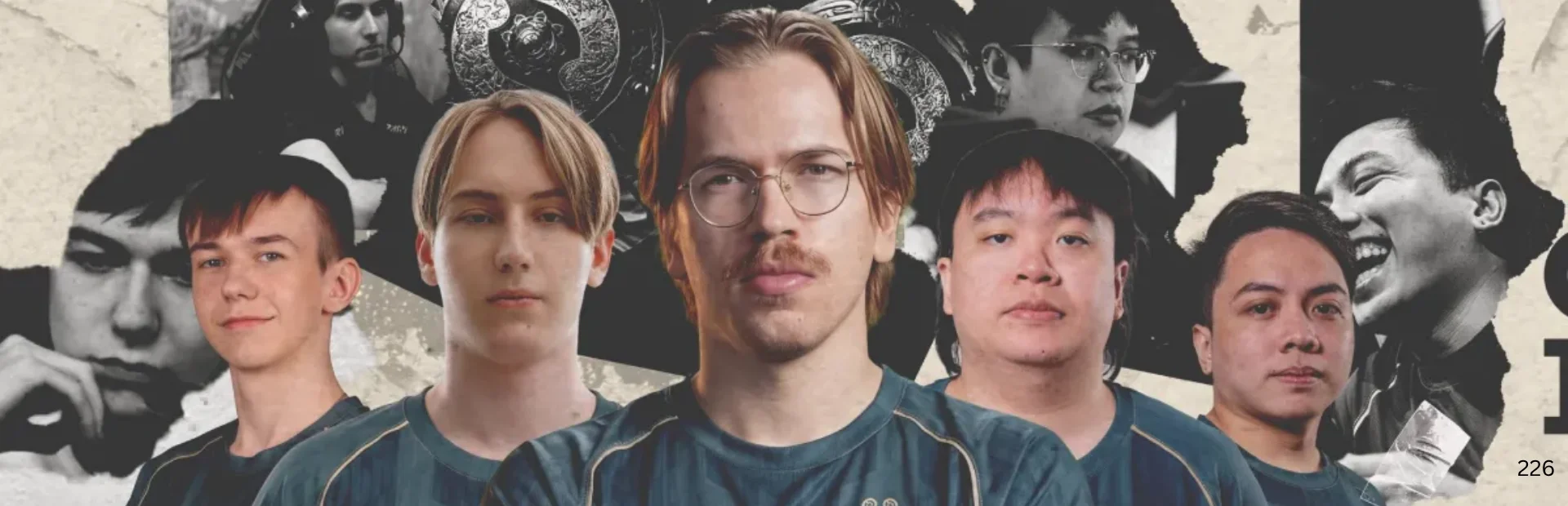 Five esports players in an OG roster collage, with team jerseys in front of black-and-white portrait imagery.