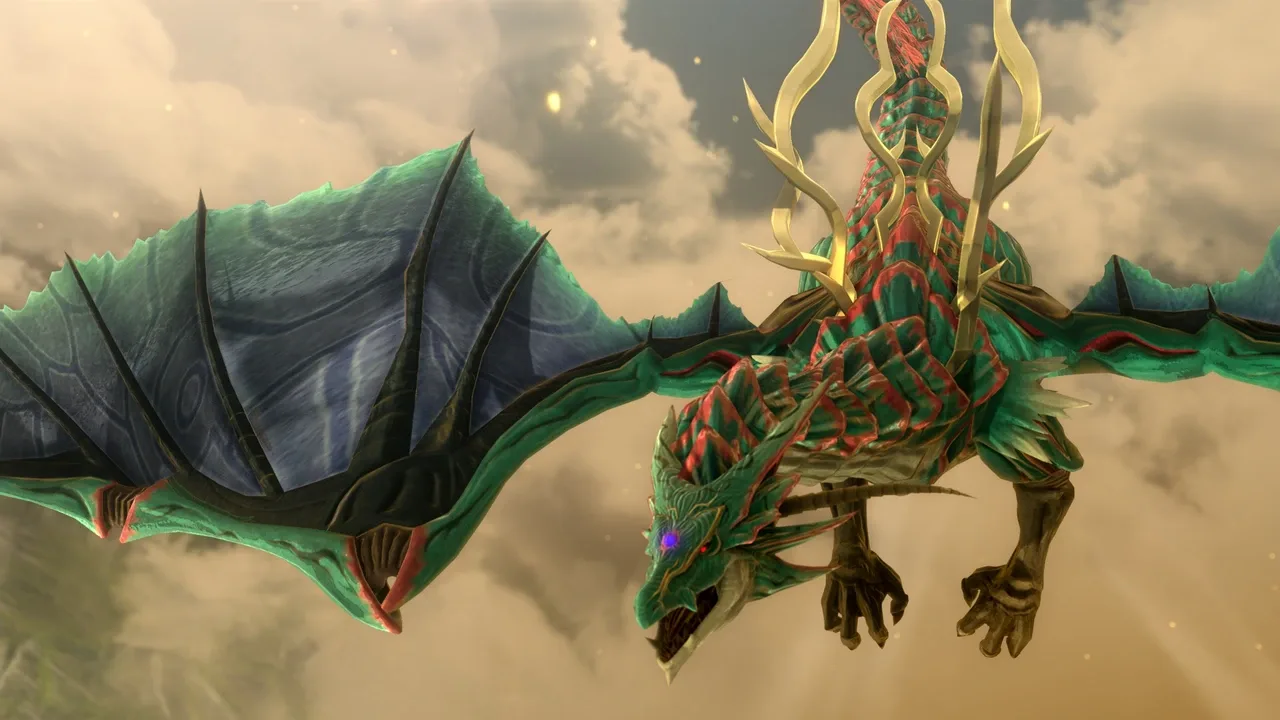 A green dragon with red markings and golden horns spreads its wings against a cloudy sky in Trails in the Sky 2nd Chapter.