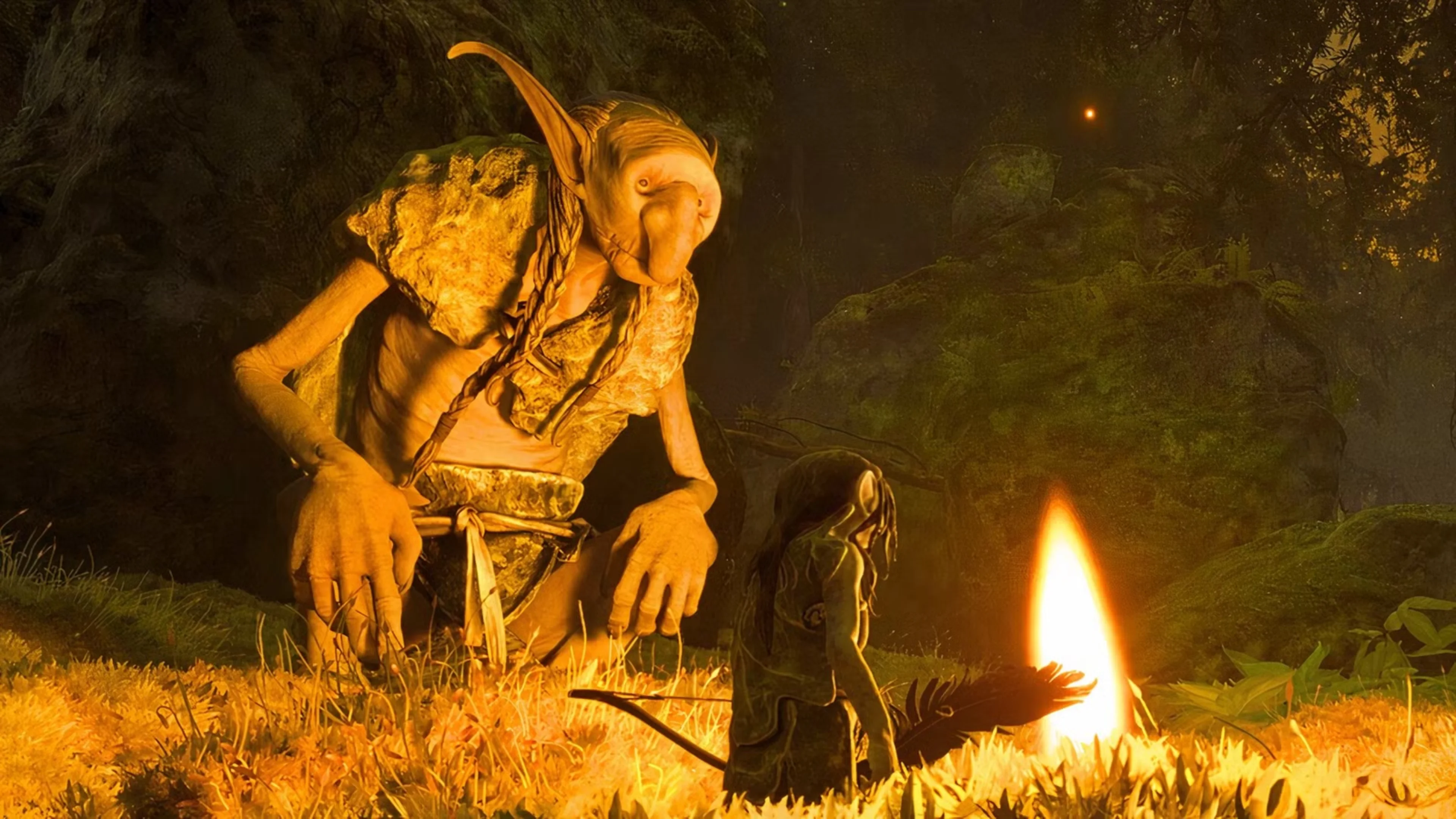 A towering, long-nosed troll crouches beside a small gnome and a campfire in the forest in Trollheim: Gnomes.