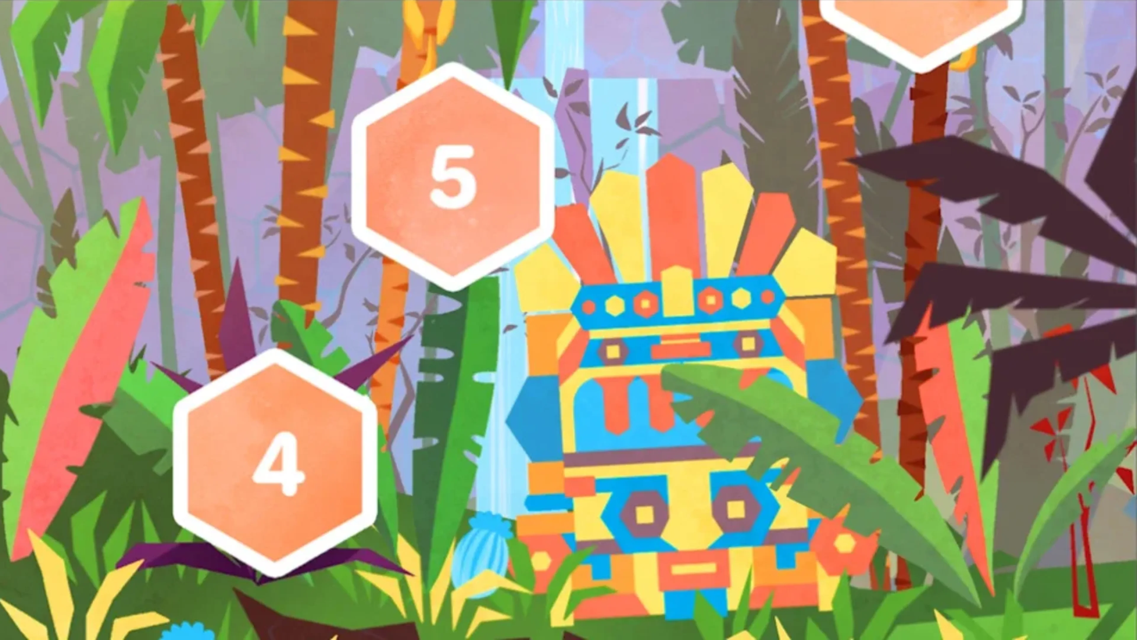 Hexologic puzzle screen showing numbered hexagonal tiles marked 4 and 5 beside a colorful jungle mask and tropical plants.