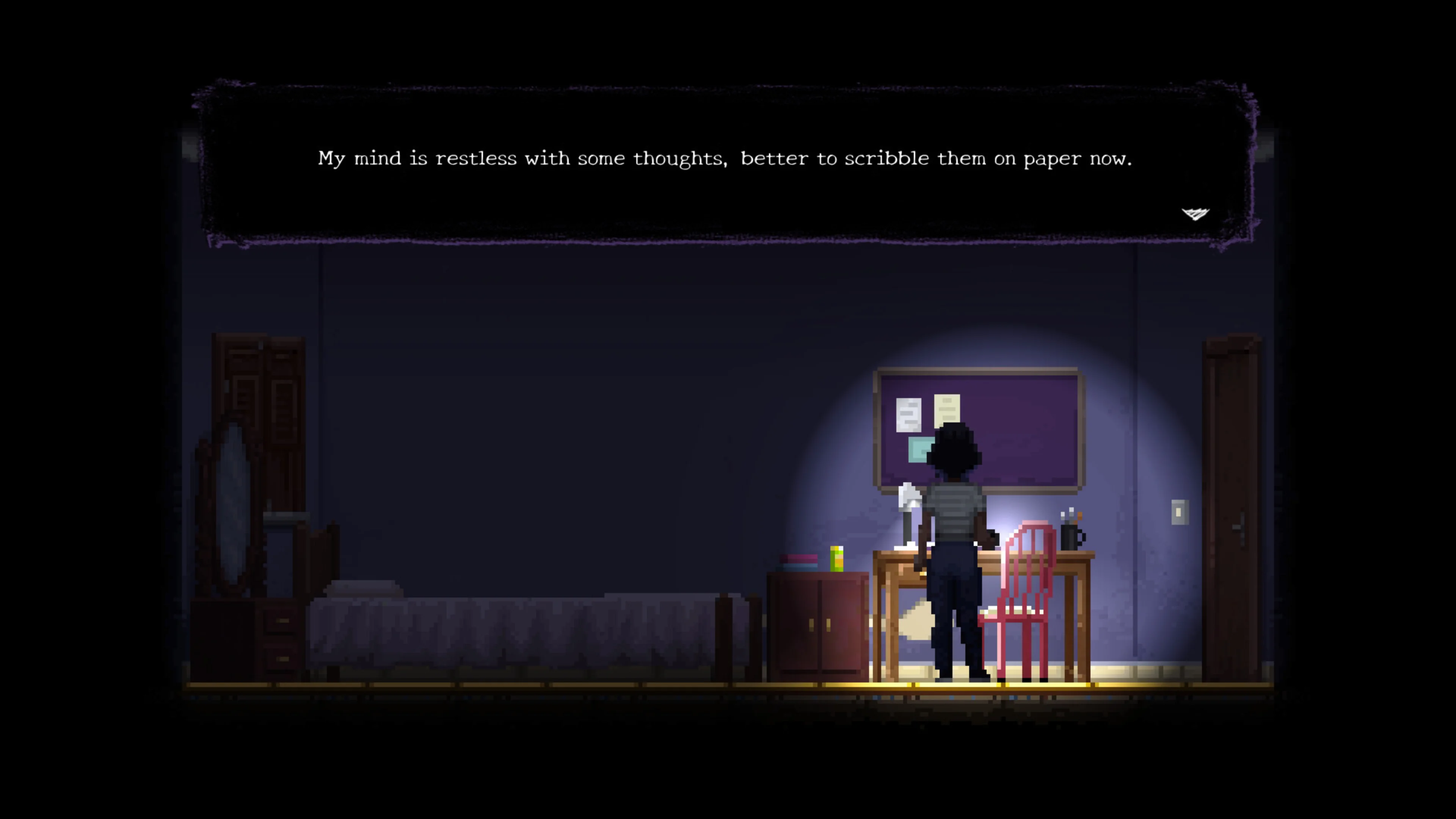 Ana Lúcia stands beside a desk in a dimly lit bedroom, with a bed, chair and dialogue box visible in Asleep: Act 1.