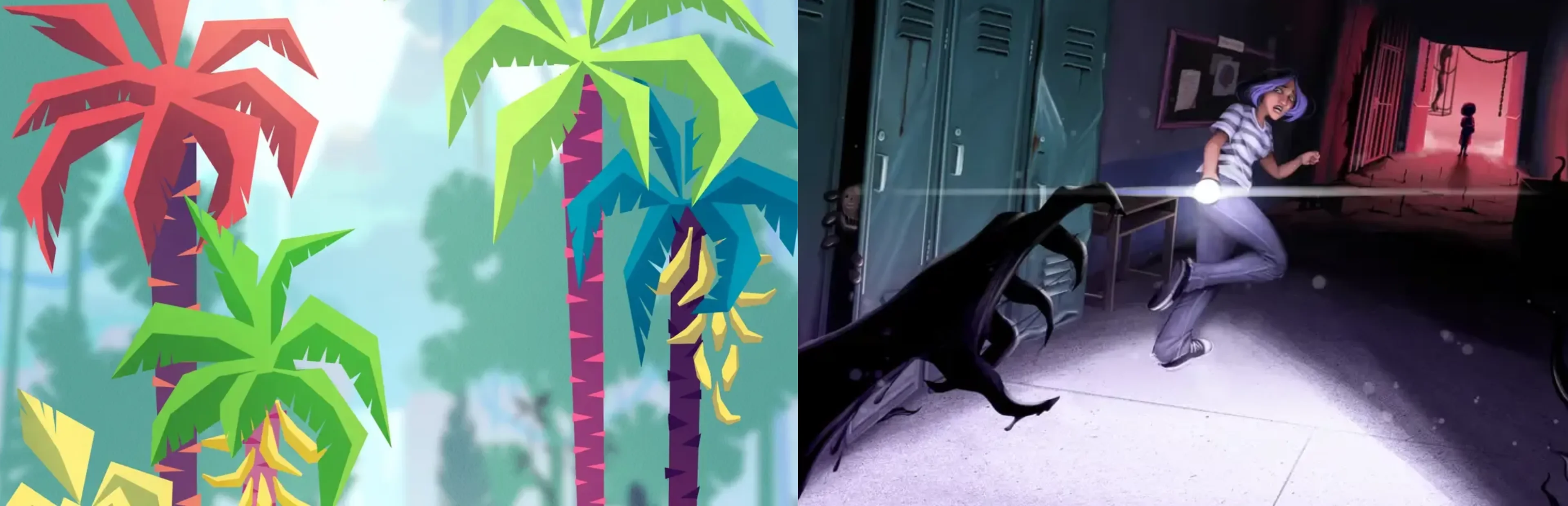 Split artwork showing Hexologic's colorful tropical plants beside an Asleep: Act 1 scene of a woman fleeing a shadowy creature.