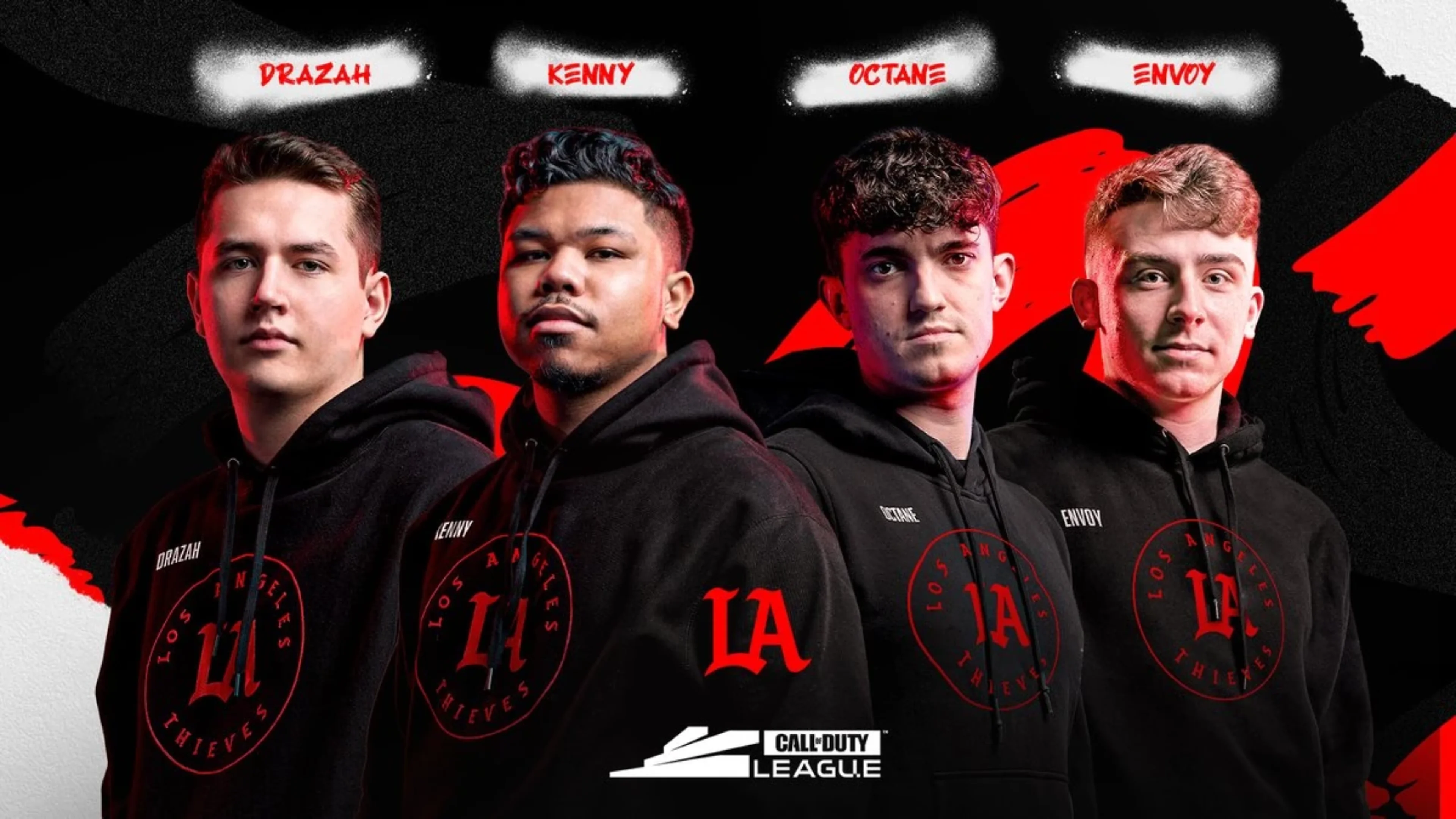 Los Angeles Thieves roster graphic shows Drazah, Kenny, Octane and Envoy wearing black team hoodies.