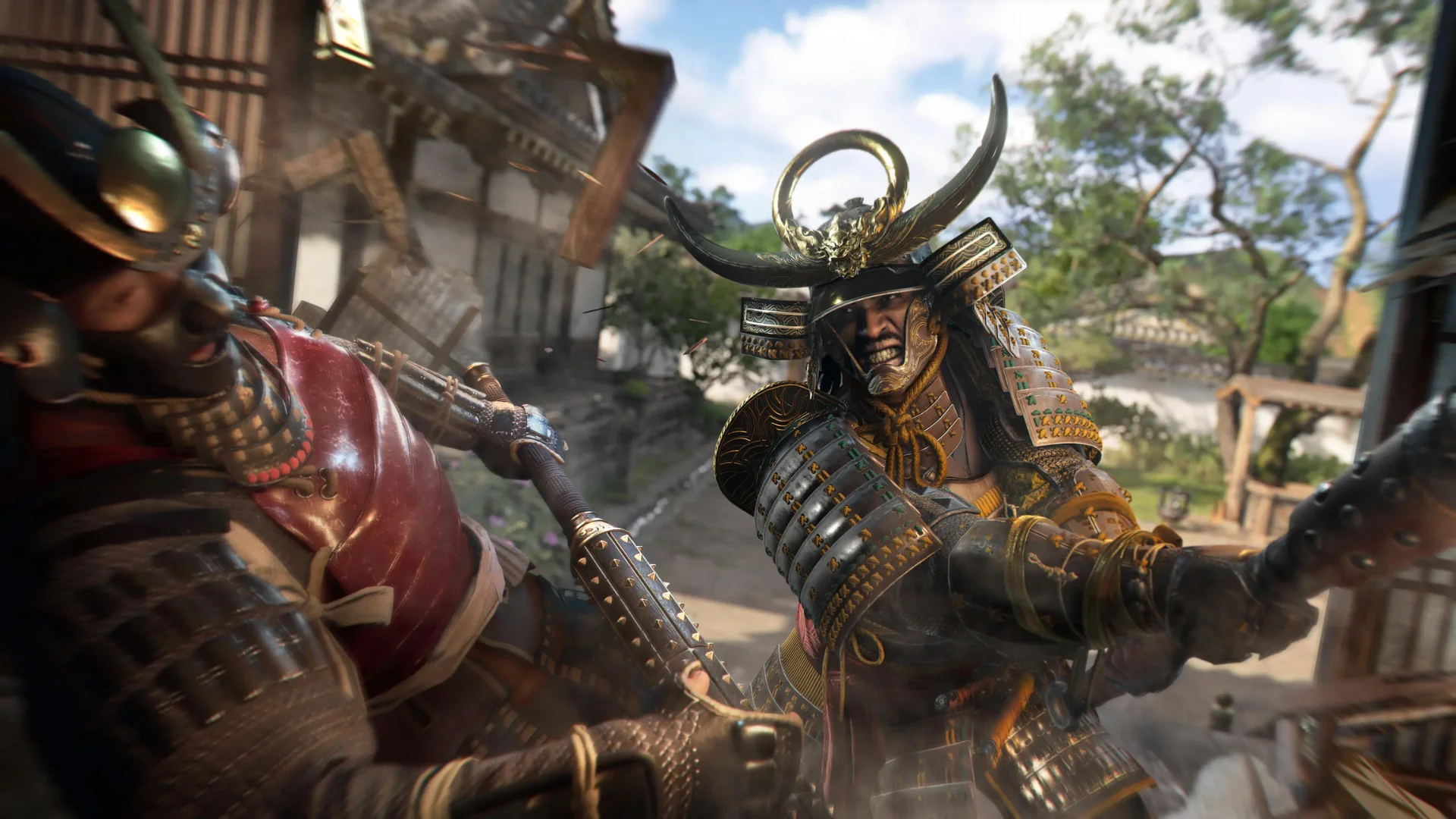 Armored samurai clash with weapons in a Japanese village in Assassin's Creed Shadows.