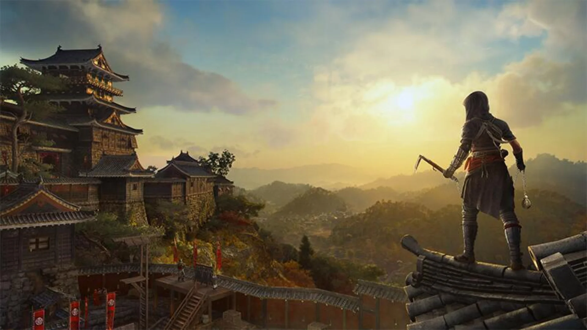 A shinobi overlooks a Japanese castle and mountain landscape at sunset in Assassin's Creed Shadows.