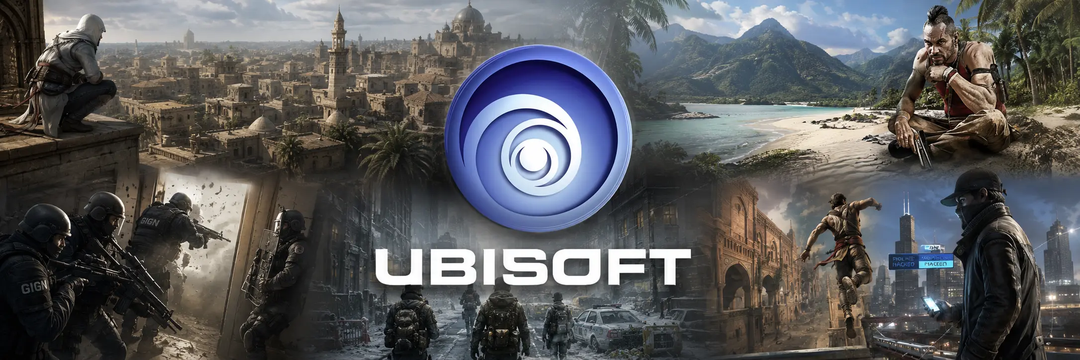 Ubisoft logo centered over a collage inspired by Assassin’s Creed, Far Cry, Rainbow Six, The Division, Watch Dogs, and Prince of Persia