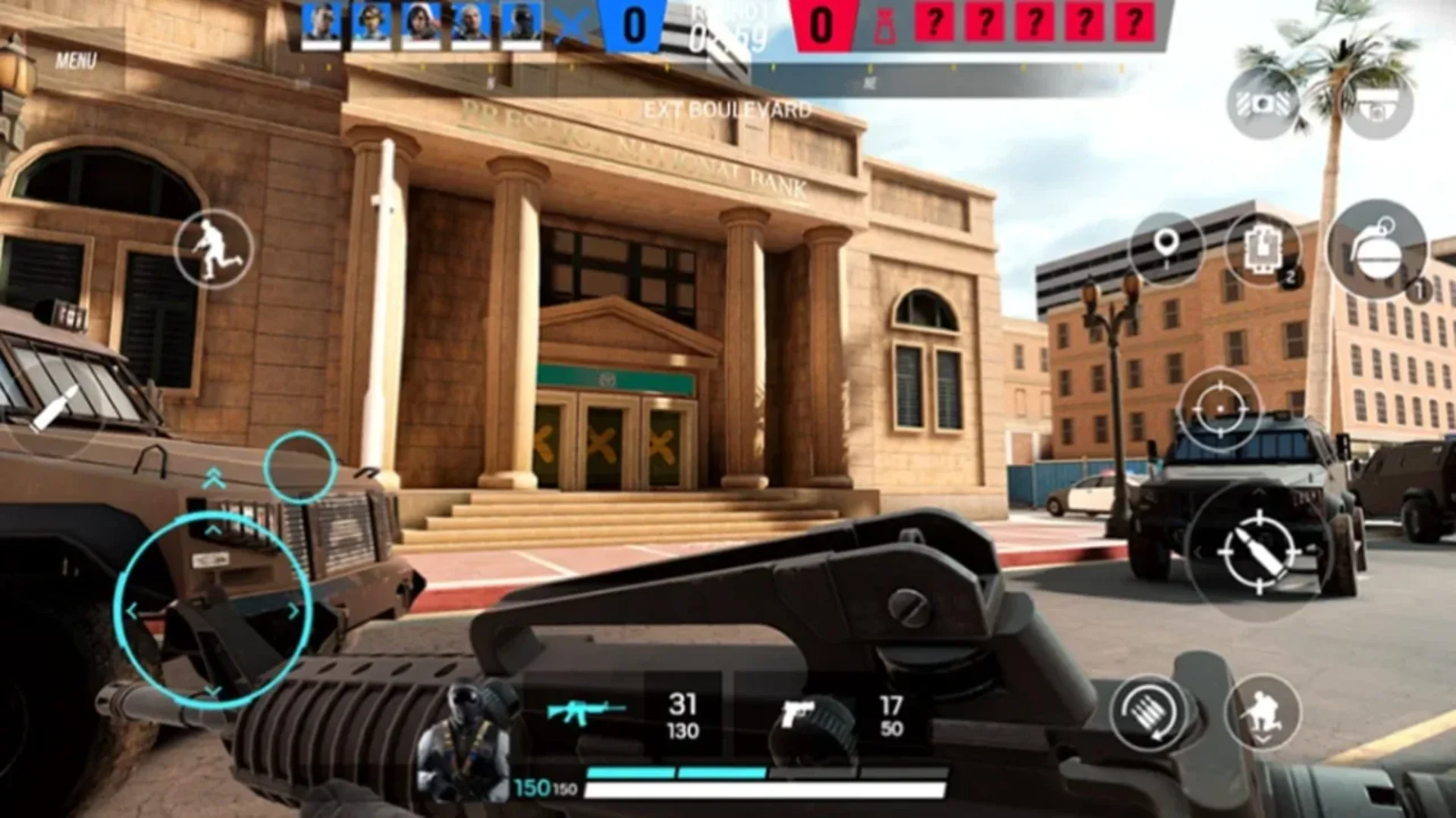 Rainbow Six Mobile operator handling equipment inside a damaged room