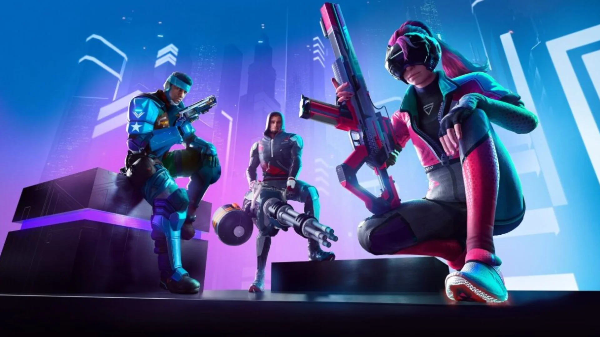 Three Project U characters carrying futuristic weapons pose against a blue and purple city backdrop.