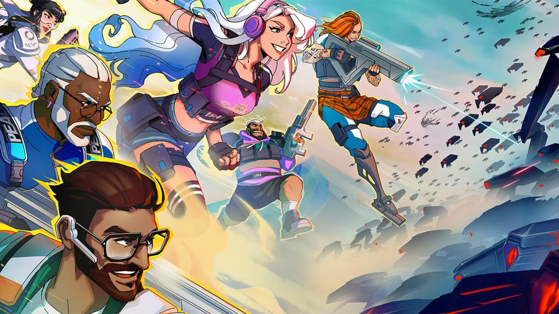 Project U characters fight through a swarm of mechanical enemies in stylized Ubisoft artwork.