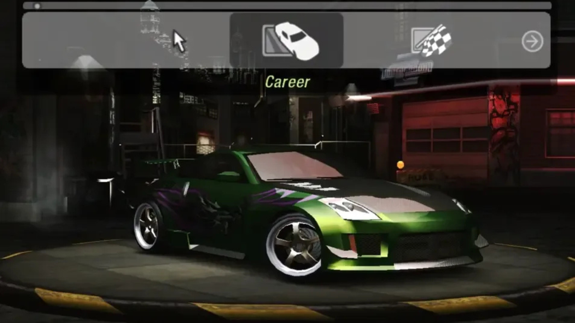 Need for Speed Underground 2 career menu showing a customized green Nissan 350Z in a garage.