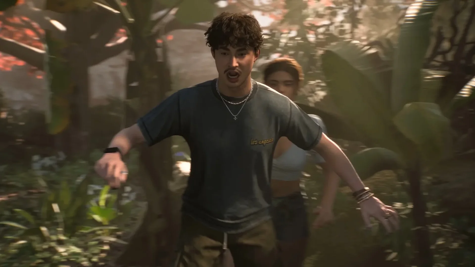 Two Dead True members run through a dense jungle during a tense scene in Until Dawn 2.