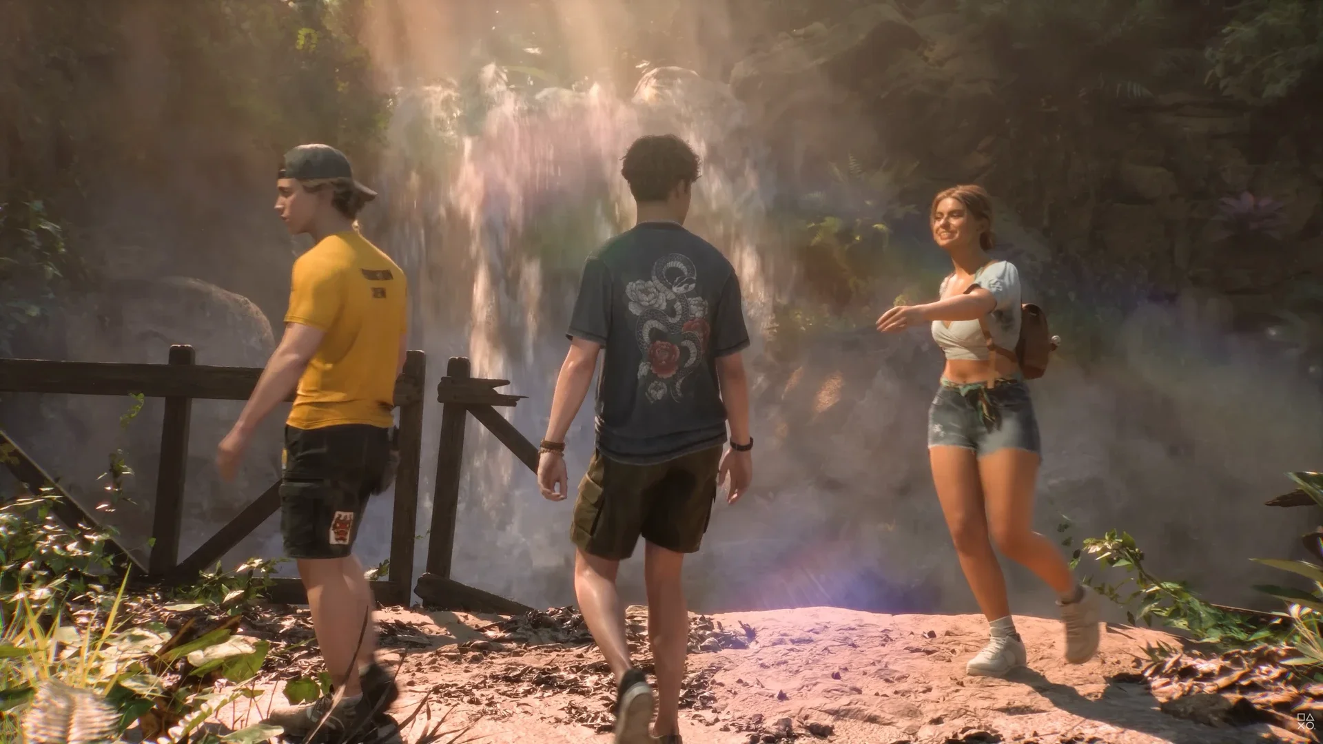 Three Dead True members gather beside a waterfall on Akishima Island in Until Dawn 2.