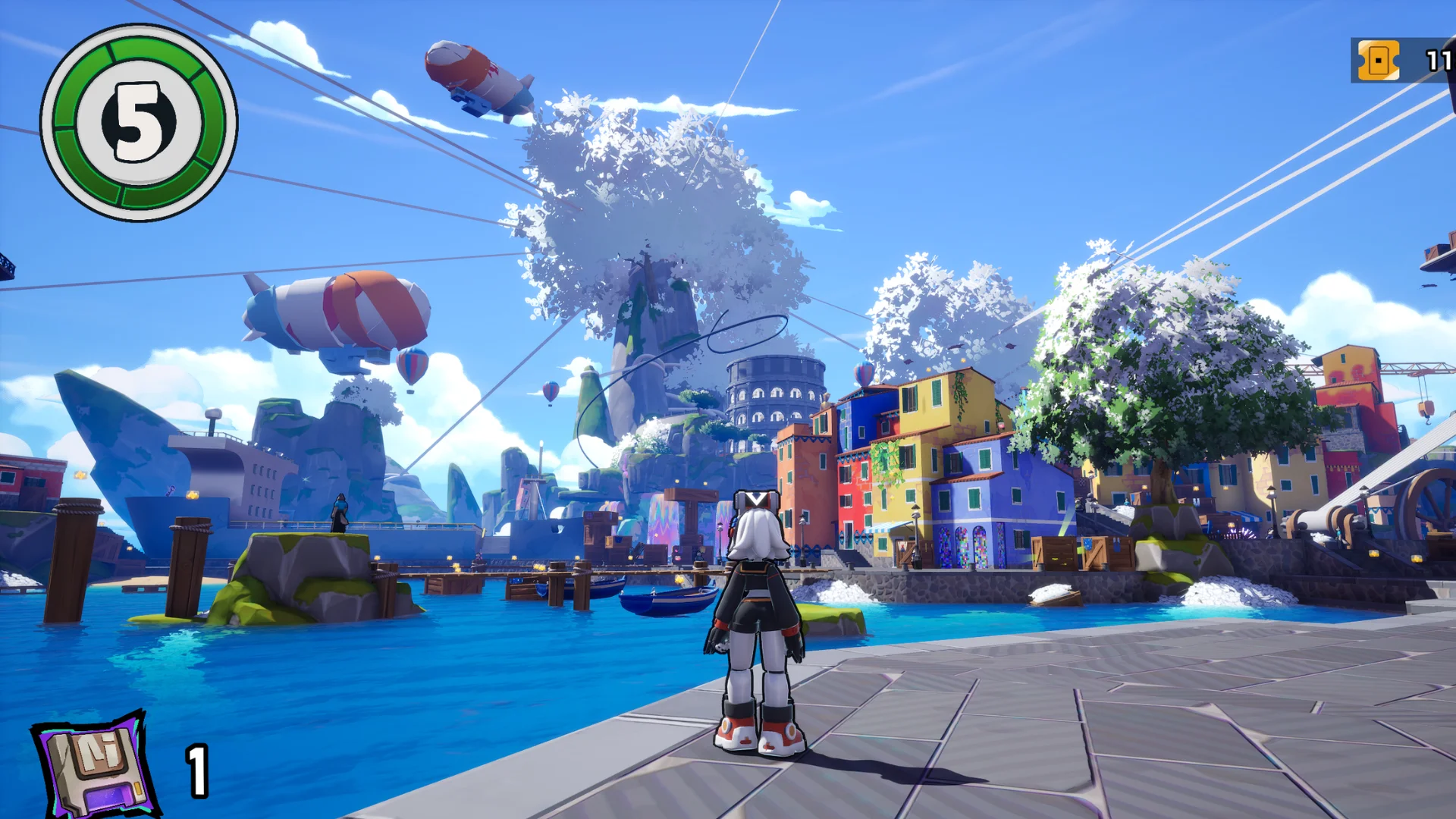 Rey explores a colorful coastal town with bright buildings, floating airships, and blue water in Reytrieve Odyssey.
