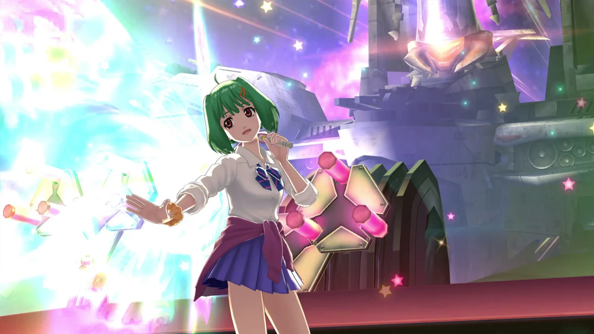 A green-haired singer performs with a microphone on a glowing Uta Macross stage filled with colorful light effects.