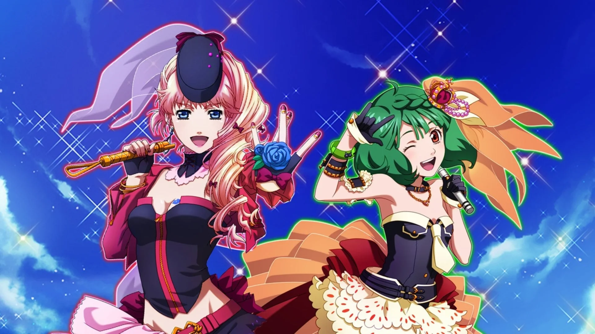 Two Macross singers pose with microphones in colorful stage costumes against a sparkling blue background.