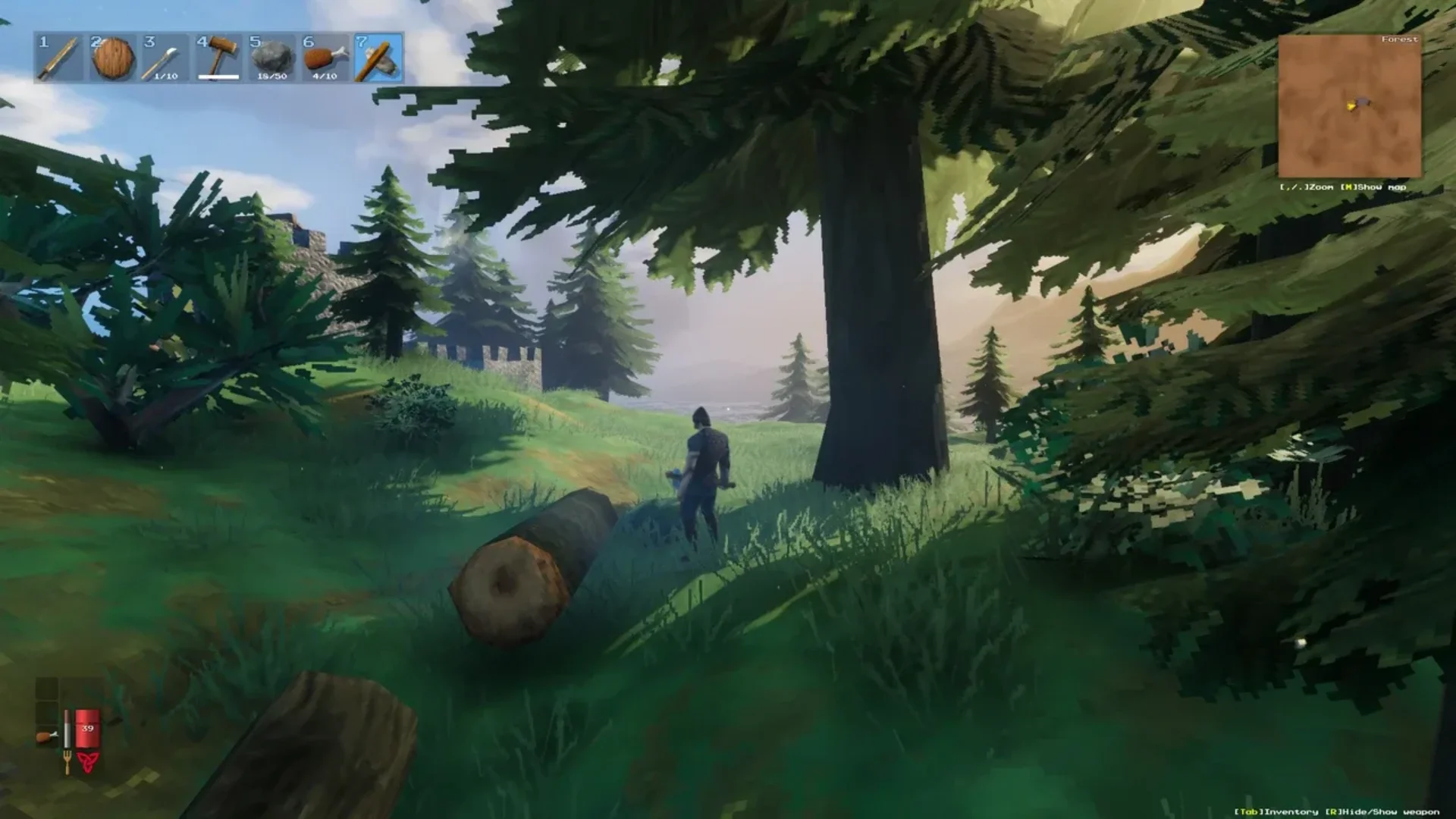 A Valheim player stands among pine trees and felled logs while exploring a forest with the HUD visible.