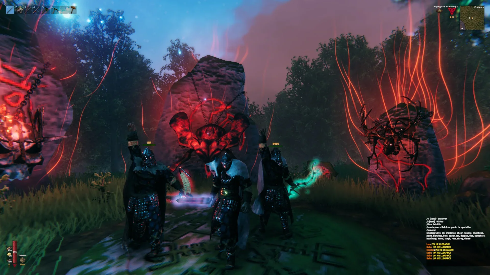 Three armored Valheim players stand among glowing red stone structures and chained creatures in a dark forest.