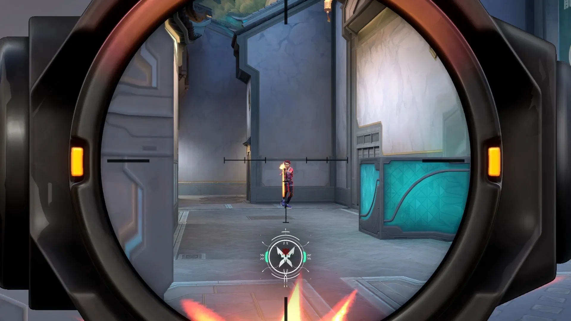 A player aims through the Warden's 2x scope at an enemy during a VALORANT firefight.